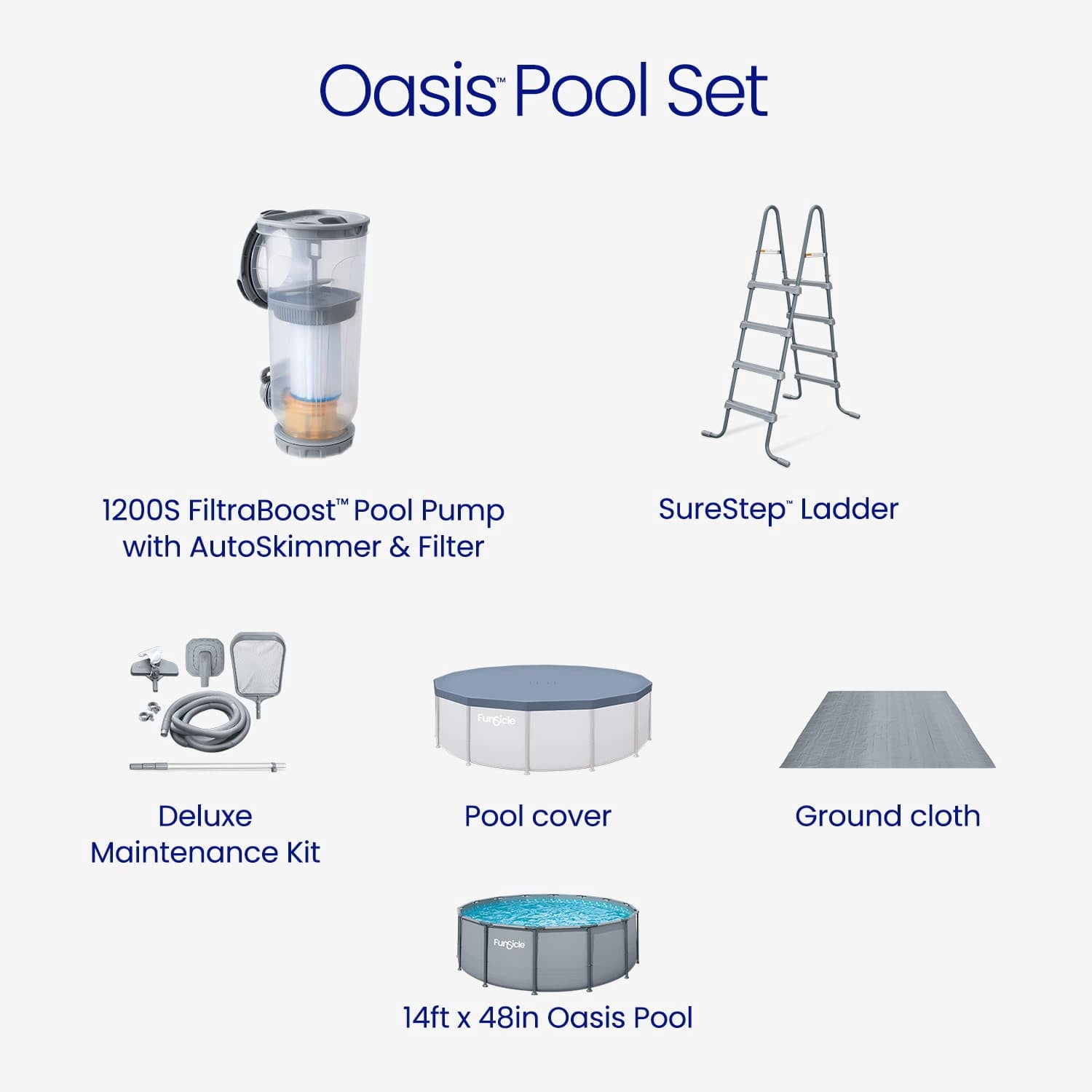 Funsicle Oasis Above Ground Metal Frame Swimming Pool Set – with FB1200S AutoSkimmer Pump, Ladder, Cover, Cloth & Deluxe Maint. Kit, 14' x 48, Round, Gray