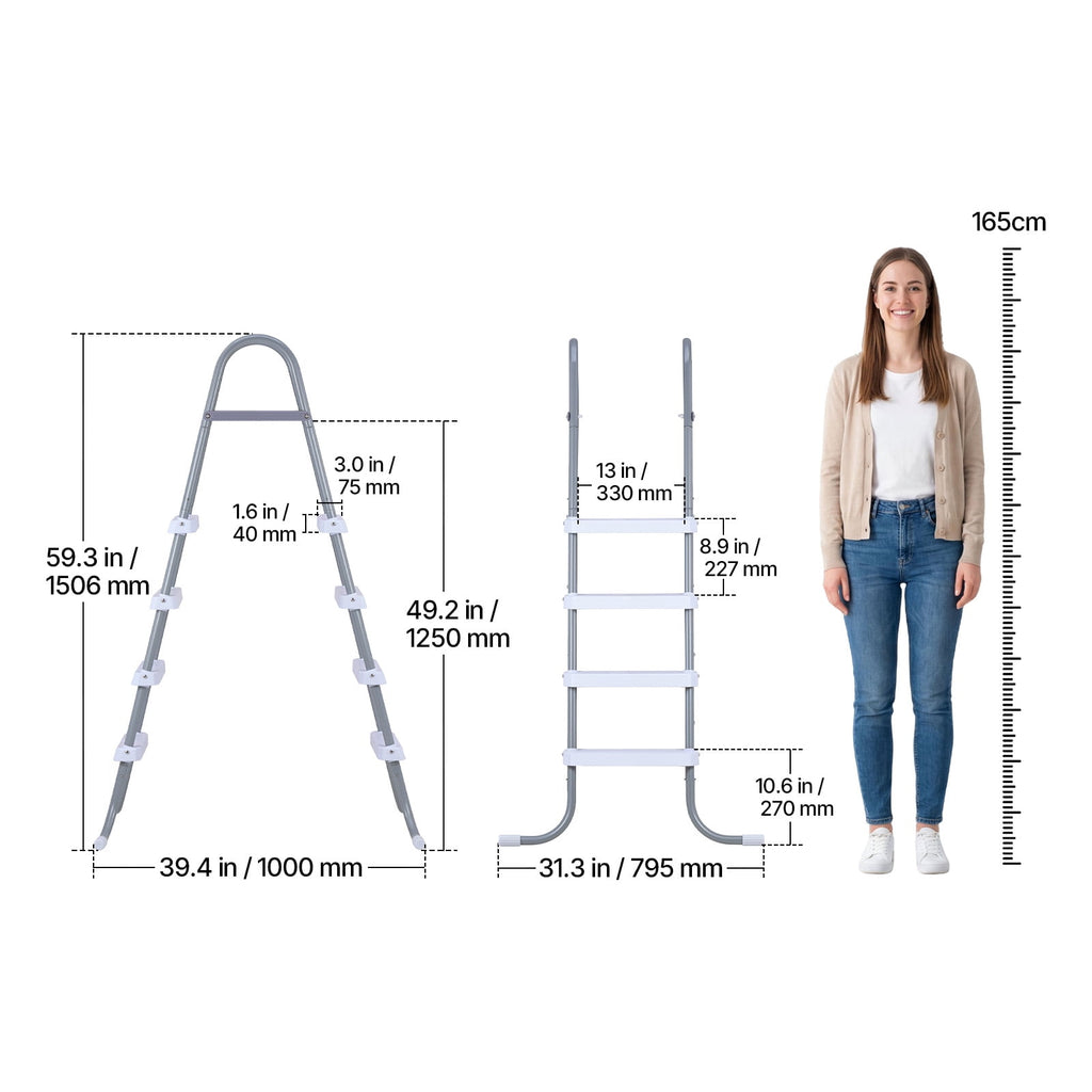 KFFKFF 4-Step Steel A-Frame Pool Ladder for Above-Ground Pools, Designed for 48-Inch Walls, 300 lbs Weight Capacity, Non-Slip Wide Steps, Easy Assembly, Gray and White