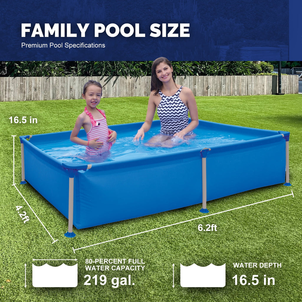 Honeydrill 6.2ft x 4.2ft x 16.5in Rectangular Metal Frame Above Ground Swimming Pool for Family, Blue