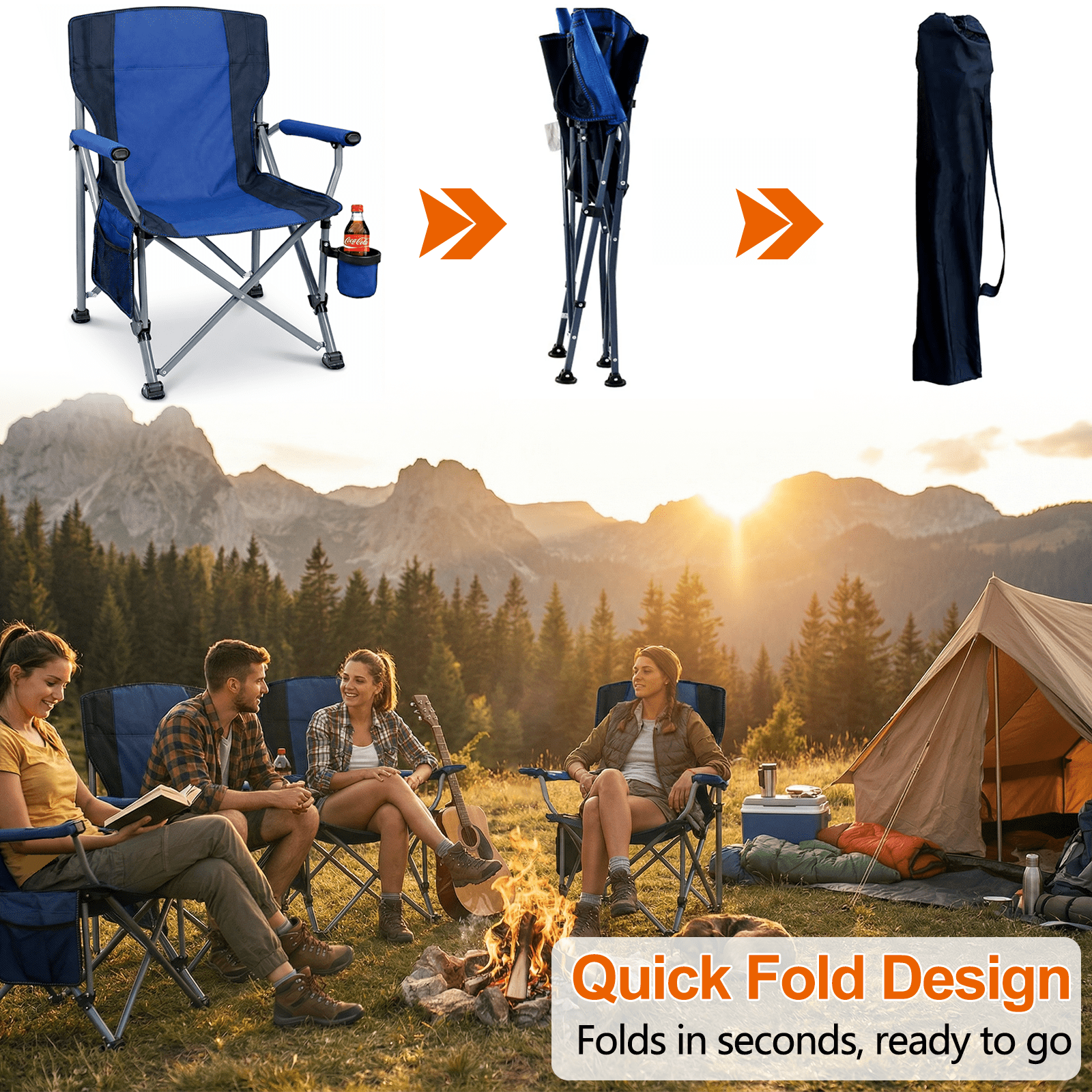 Camping Chairs for Adults, Portable Folding Lawn Chairs with Side Pockets & Cup Holder for Outside, Fishing, Camp & Garden
