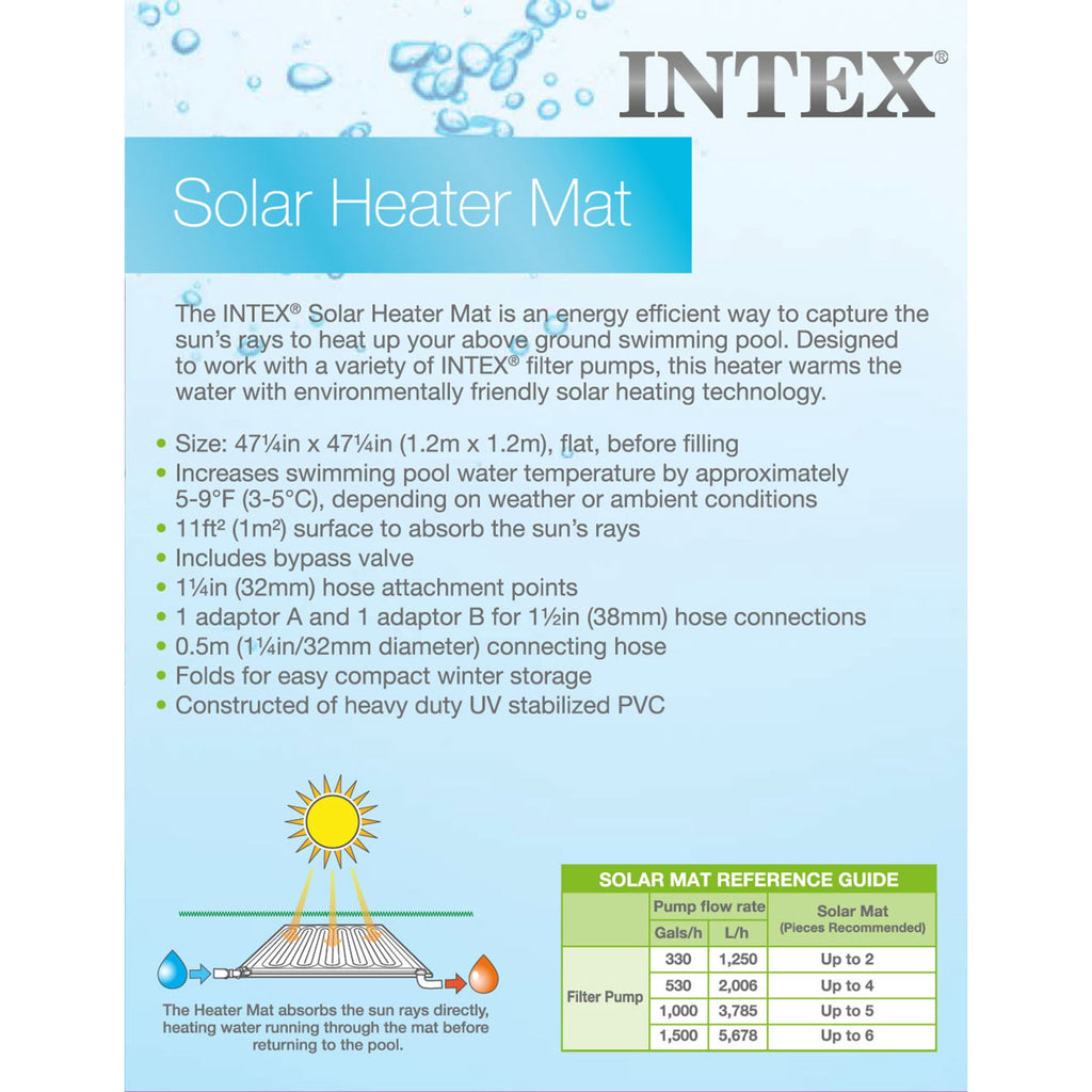 Intex: Solar Heater Mat - 47 Black, Water Warming Pad for 8k Gal Above Ground Swimming Pool, Raise Temperature 5-9 Degrees, Hose Attachment, Adapters