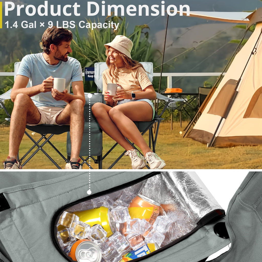 Ktaxon Camping Loveseat Chair, Folding Double Outdoor Chair with Removable Sun Umbrella & Carrying Bag, Double Chairs with Cooler Bag for Lawn Fishing Outdoor, Gray