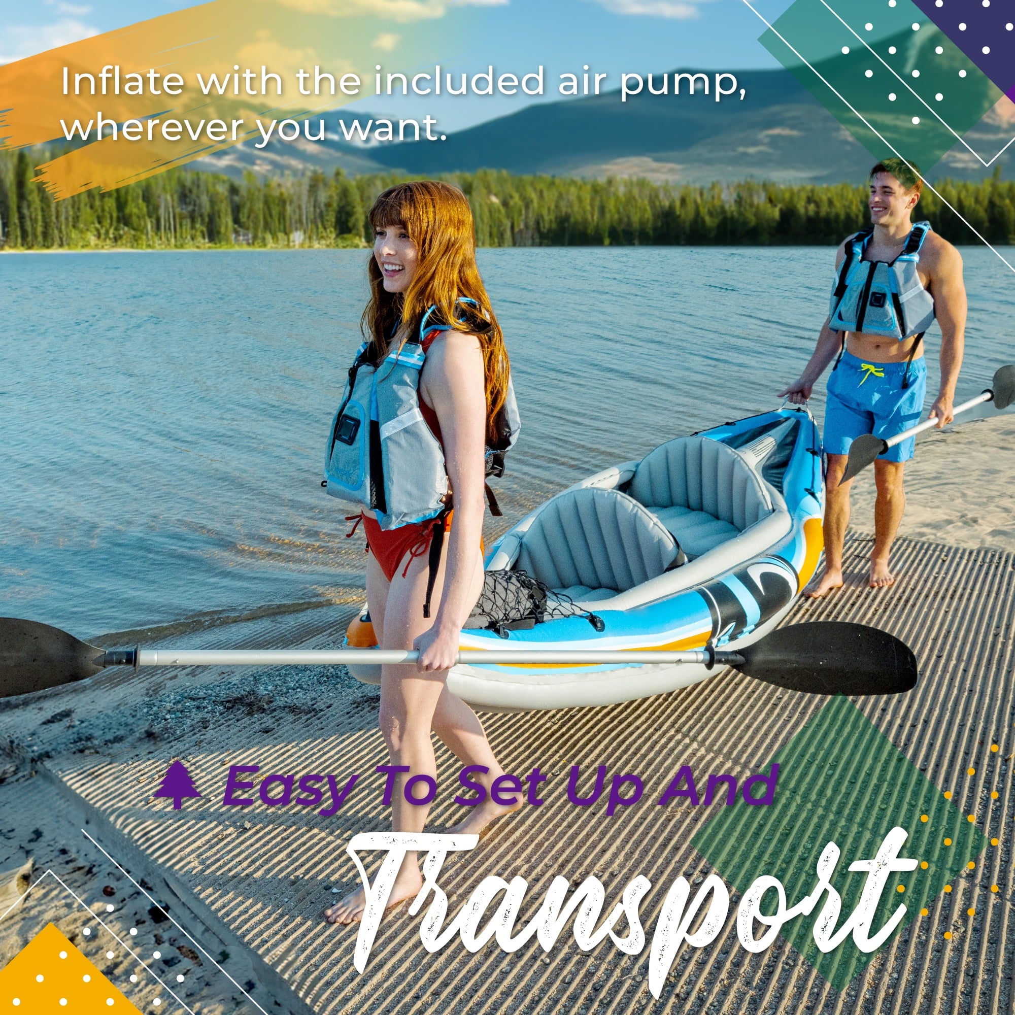 Sunlite Sports Tandem Inflatable Kayak with Canopy and Pump for Lakes & Rivers