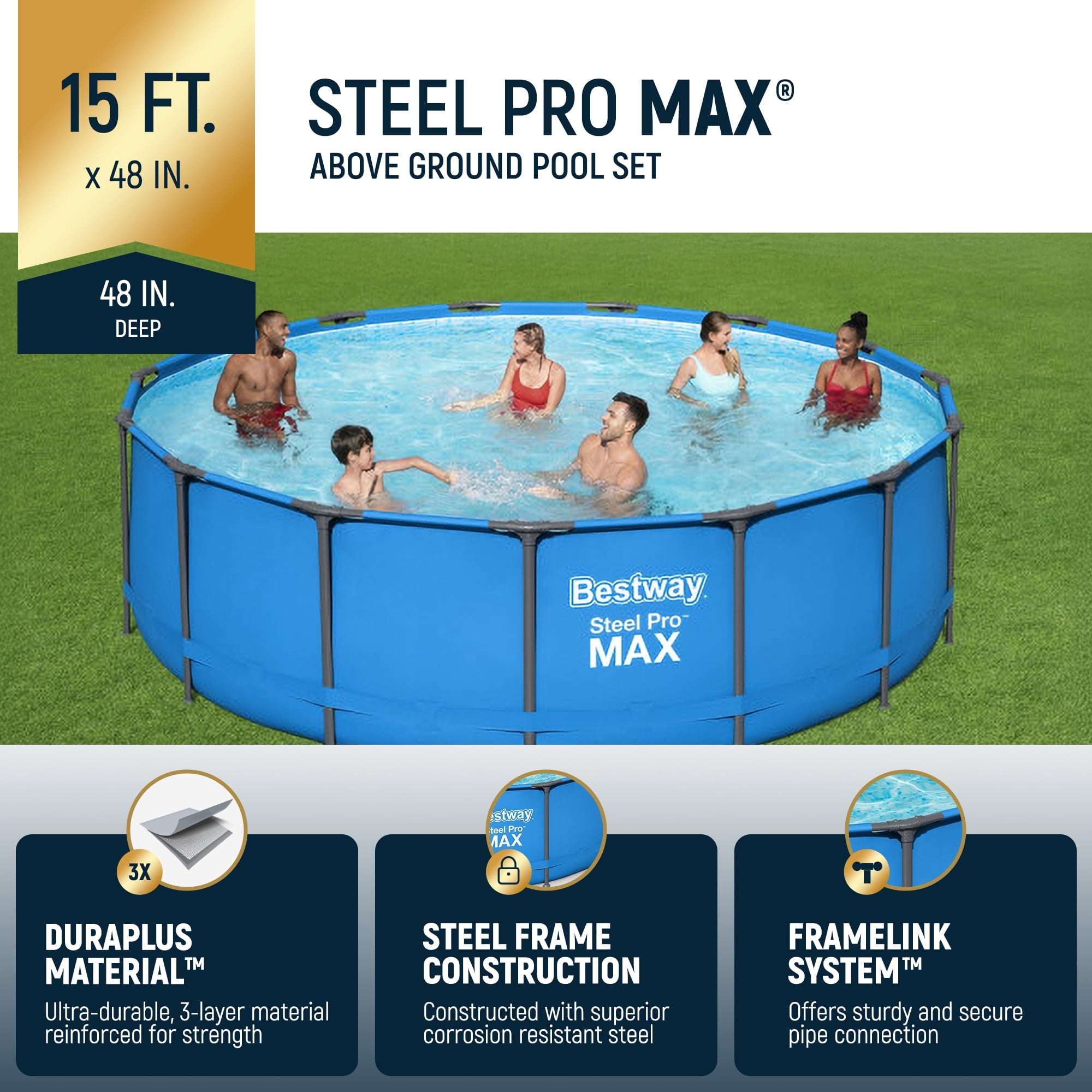 Bestway Steel Pro MAX 15' x 48 Round Above Ground Swimming Pool & Pool Ladder