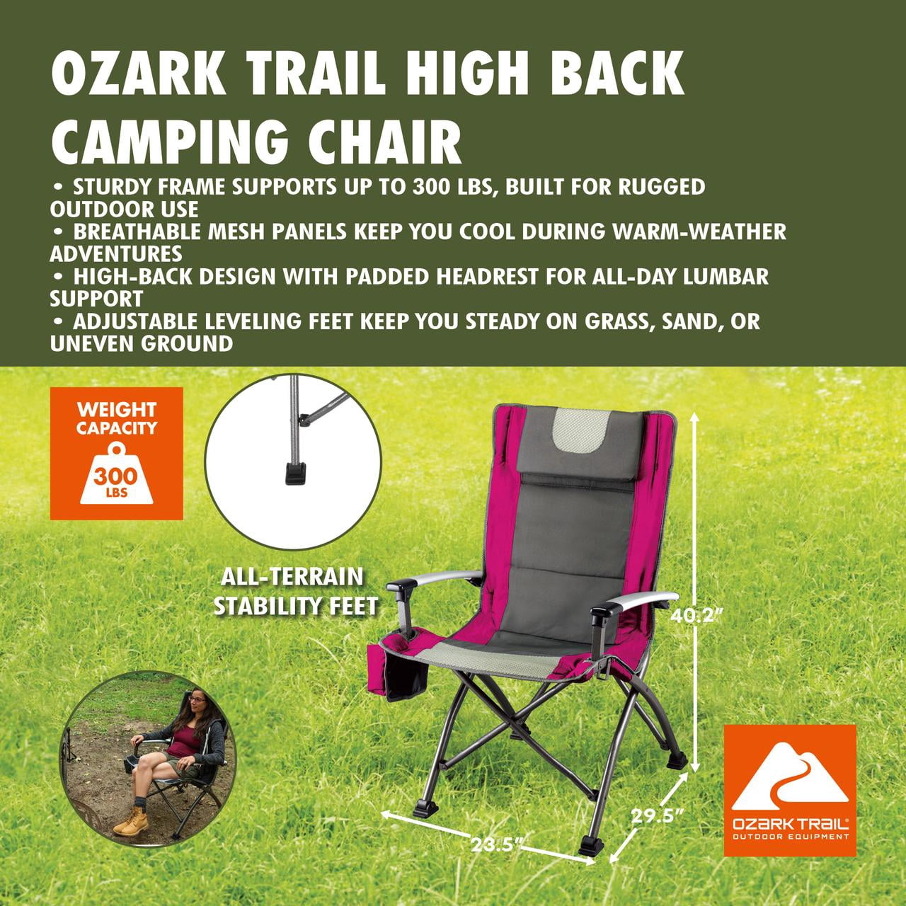 Ozark Trail High Back Camping Chair, Pink with Cupholder, Pocket, and Headrest, Adult