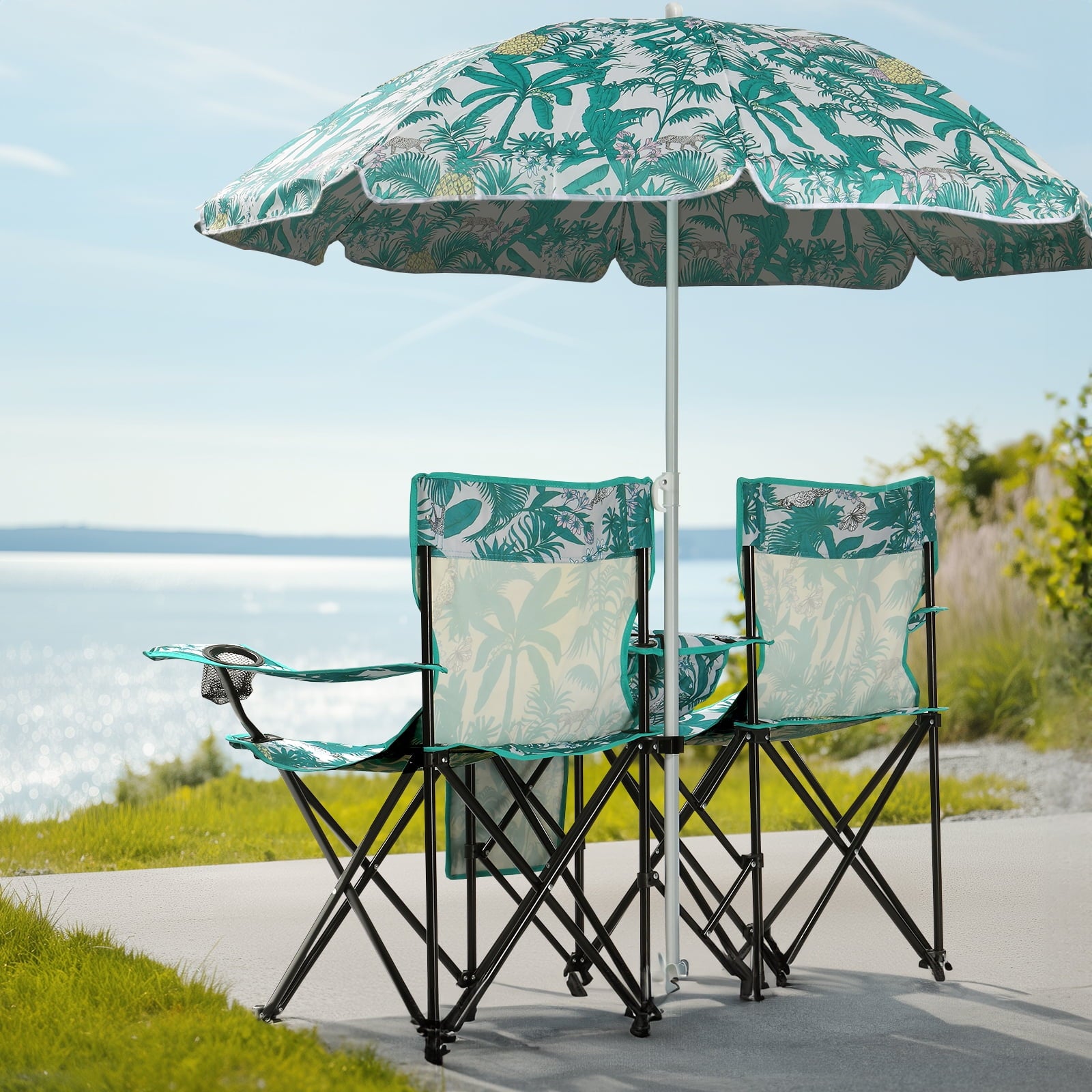 Ktaxon Camping Loveseat Chair, Folding Double Outdoor Chair with Removable Sun Umbrella & Carrying Bag, Double Chairs with Cooler Bag for Lawn Fishing Outdoor, Gray