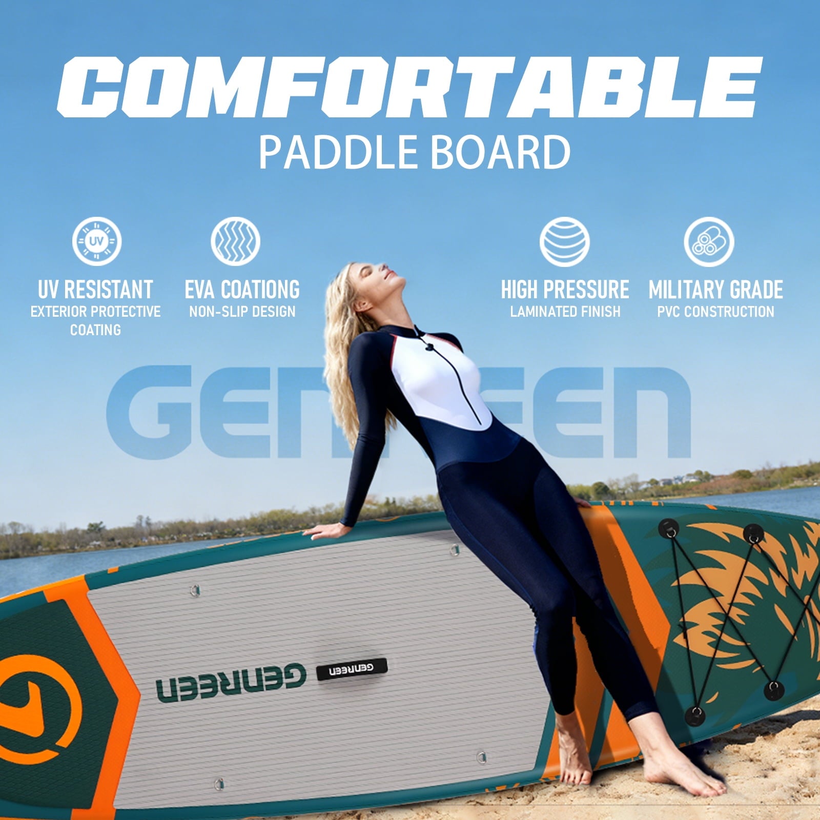 Genreen 11ft Inflatable Stand up Paddle Board (SUP), All-Around Fishing Paddle Board Full Kit for Youth & Adults