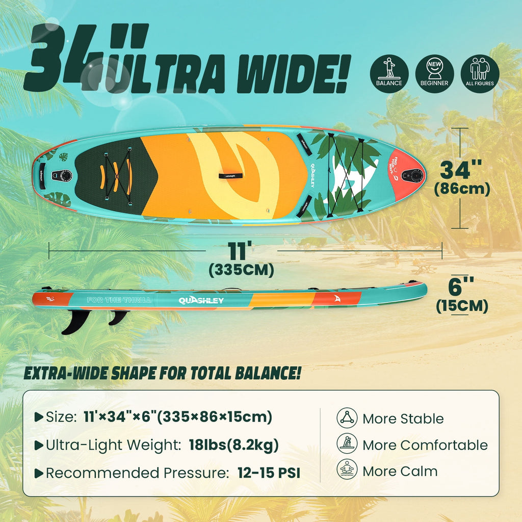 Quashley Inflatable Paddle Board 11' x 34 Wide All-Around SUP with Paddle, Pump, Backpack & Leash
