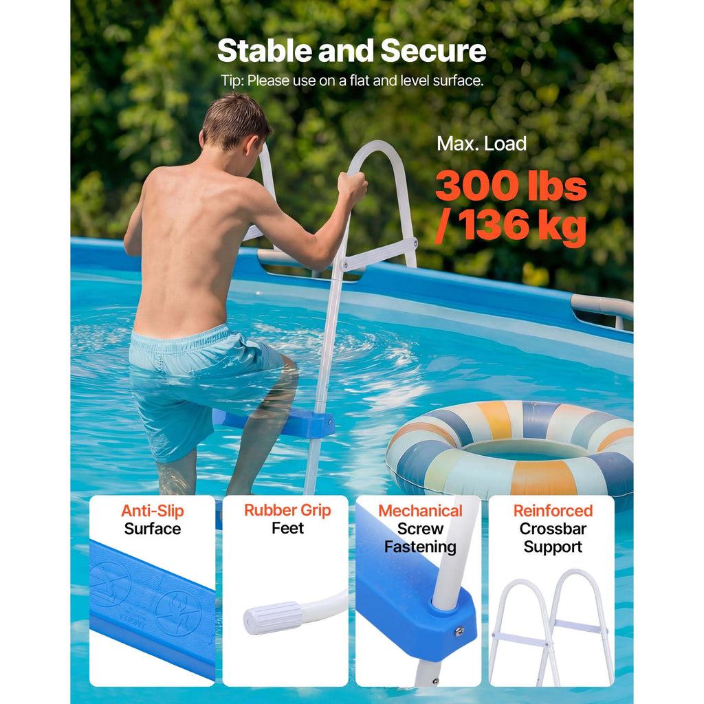 KFFKFF 4-Step Steel A-Frame Pool Ladder for Above-Ground Pools, Designed for 48-Inch Walls, 300 lbs Weight Capacity, Non-Slip Wide Steps, Easy Assembly, Gray and White