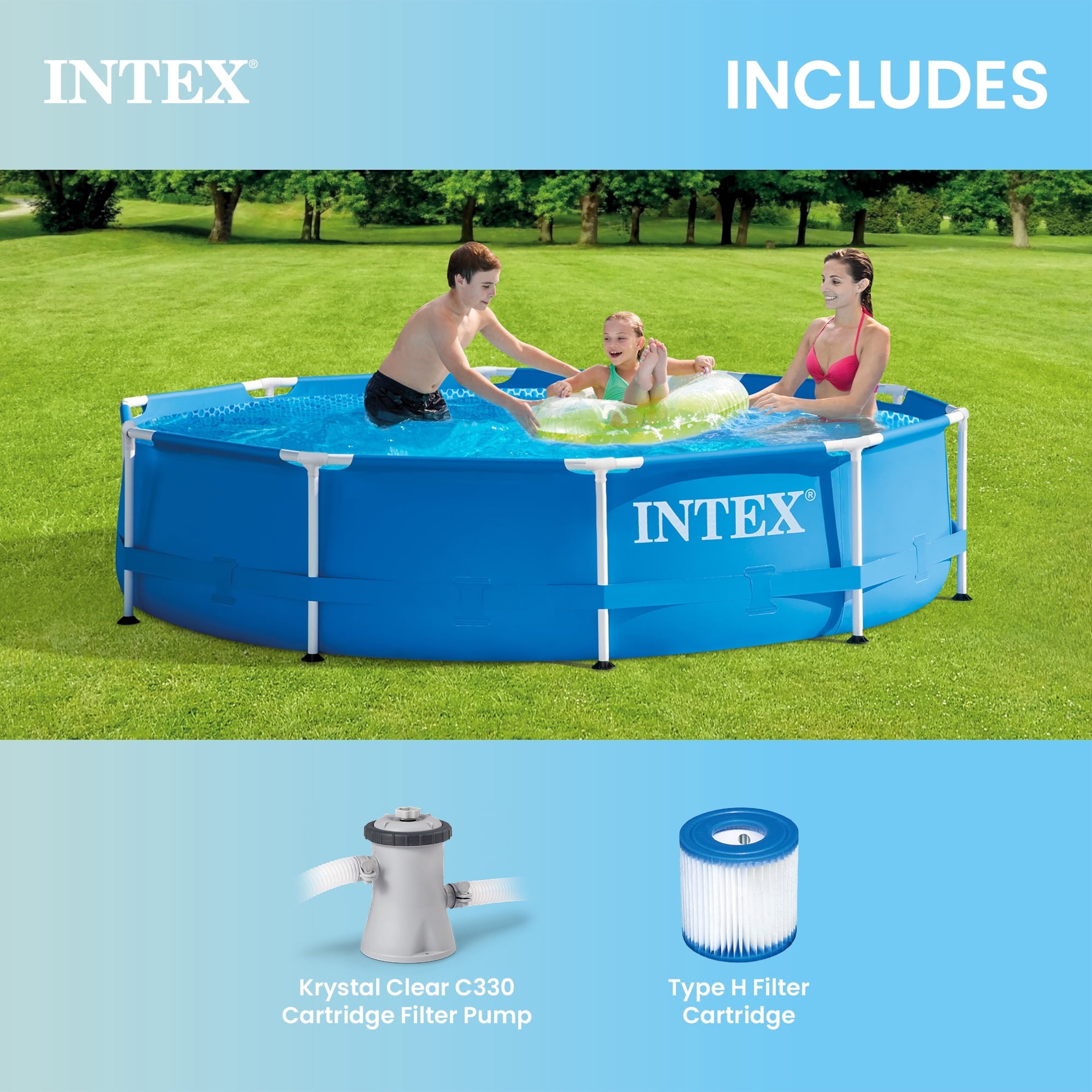 INTEX Metal Frame 10' x 30 Outdoor Swimming Pool with Filter Pump & Cover