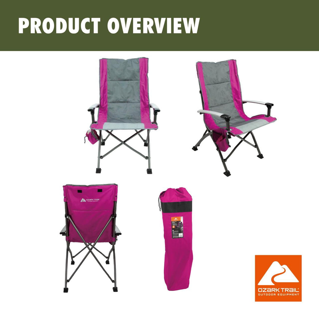 Ozark Trail High Back Camping Chair, Pink with Cupholder, Pocket, and Headrest, Adult