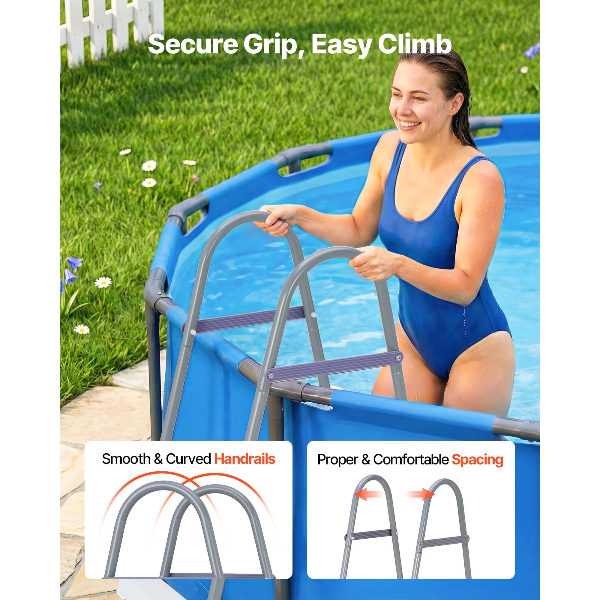 KFFKFF 4-Step Steel A-Frame Pool Ladder for Above-Ground Pools, Designed for 48-Inch Walls, 300 lbs Weight Capacity, Non-Slip Wide Steps, Easy Assembly, Gray and White