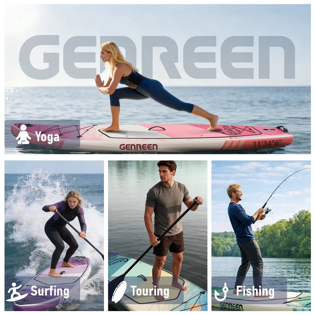 Genreen 11FT Inflatable Stand Up Paddle Board，Wide Sup with Premium Accessories, Fishing Blow Up Paddleboard for Youth & Adults