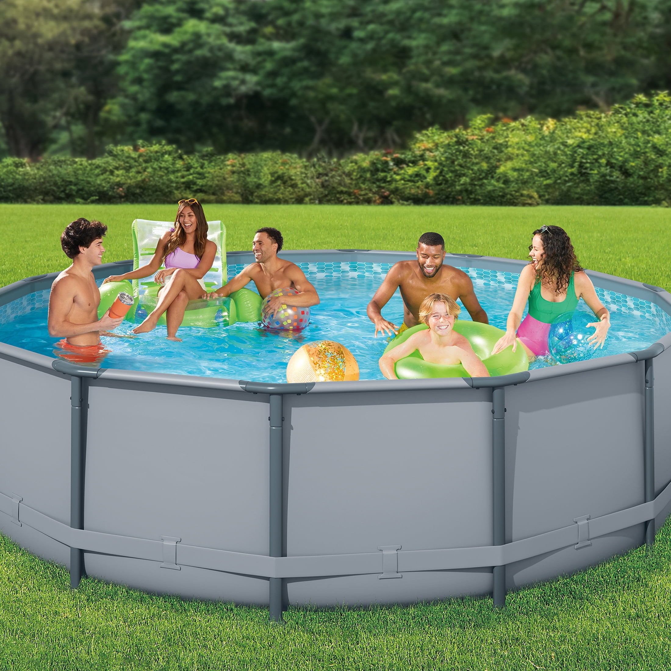 Funsicle 14 ft Oasis Round Above Ground Metal Frame Swimming Pool, Includes SkimmerPlus Pump, Age 6 & up