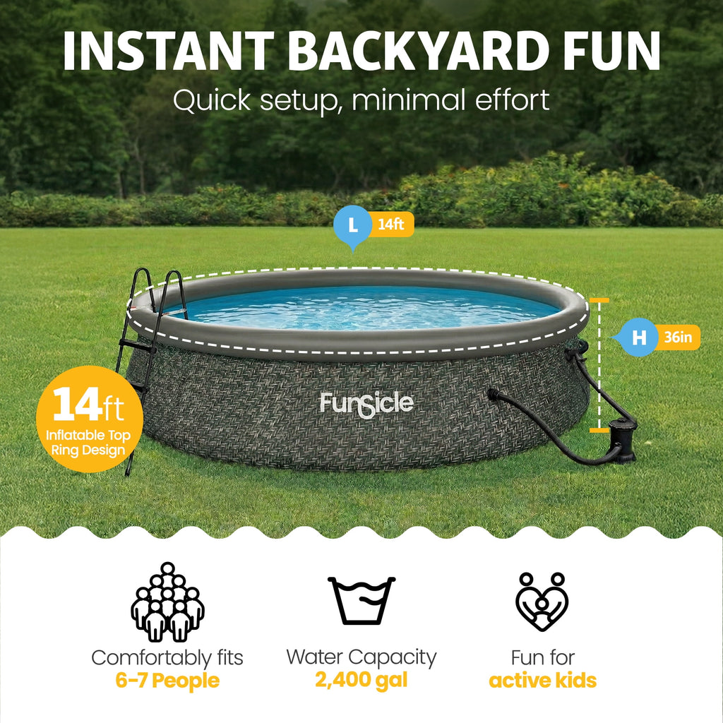 Funsicle Quickset 14’ x 36” Round Inflatable Top Ring Above Ground Swimming Pool Set