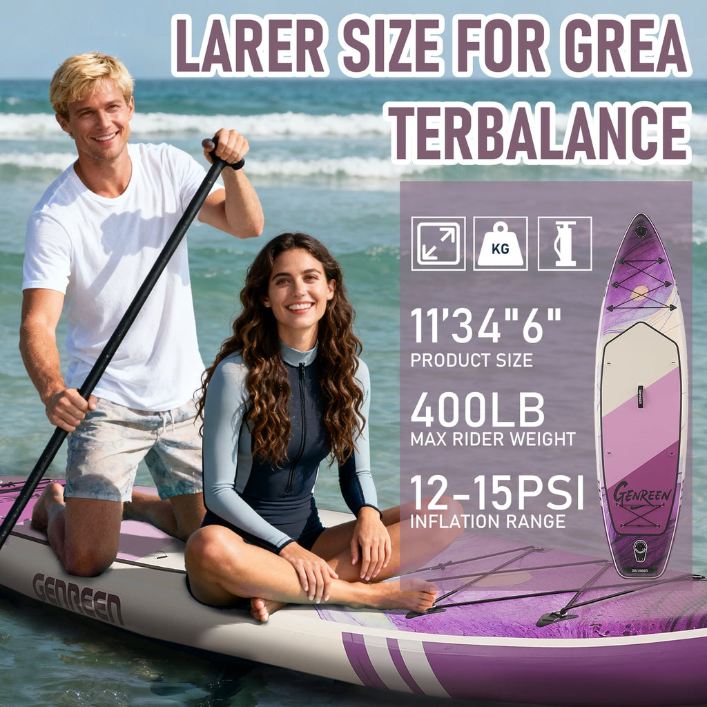 Genreen 11FT Inflatable Stand Up Paddle Board，Wide Sup with Premium Accessories, Fishing Blow Up Paddleboard for Youth & Adults