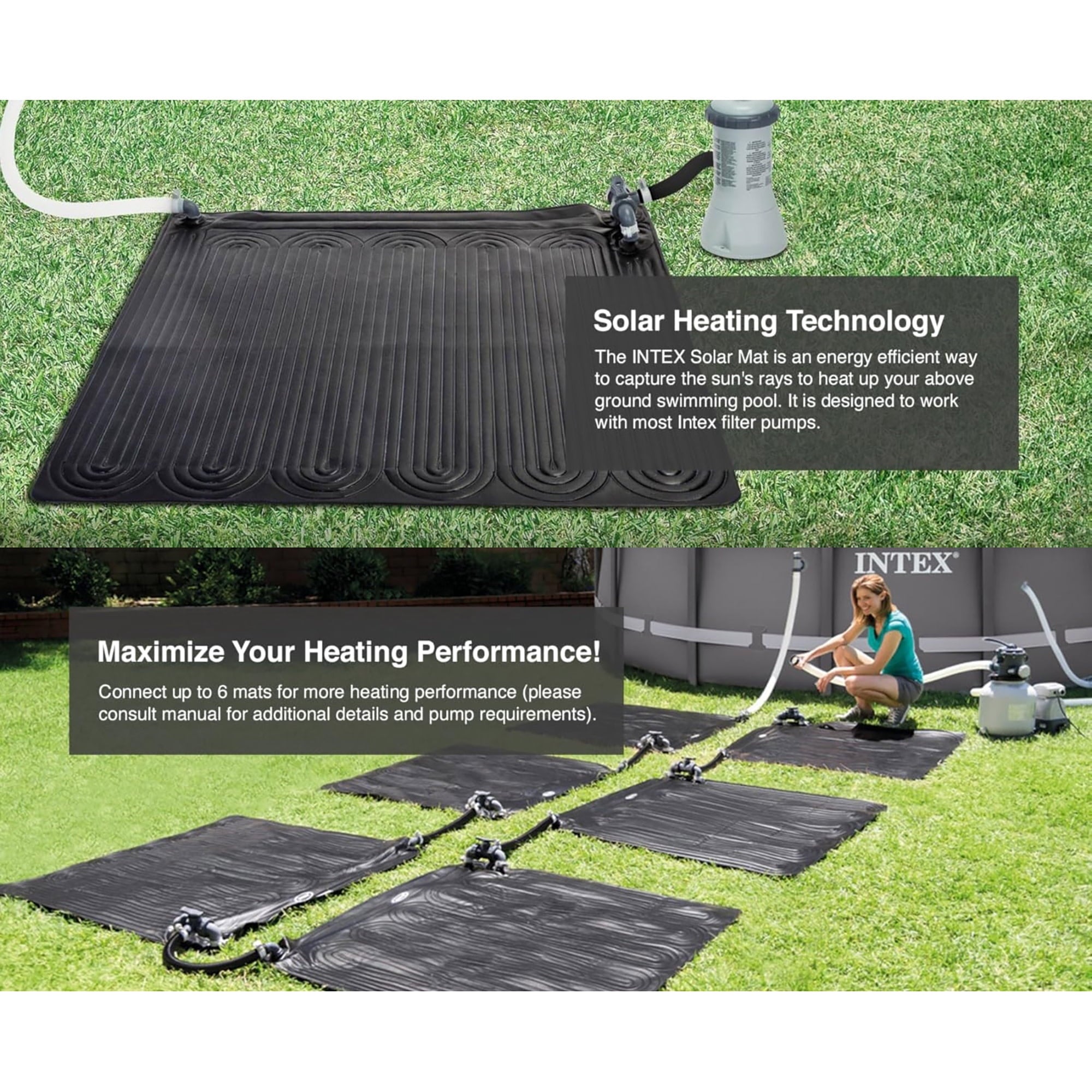 Intex: Solar Heater Mat - 47 Black, Water Warming Pad for 8k Gal Above Ground Swimming Pool, Raise Temperature 5-9 Degrees, Hose Attachment, Adapters