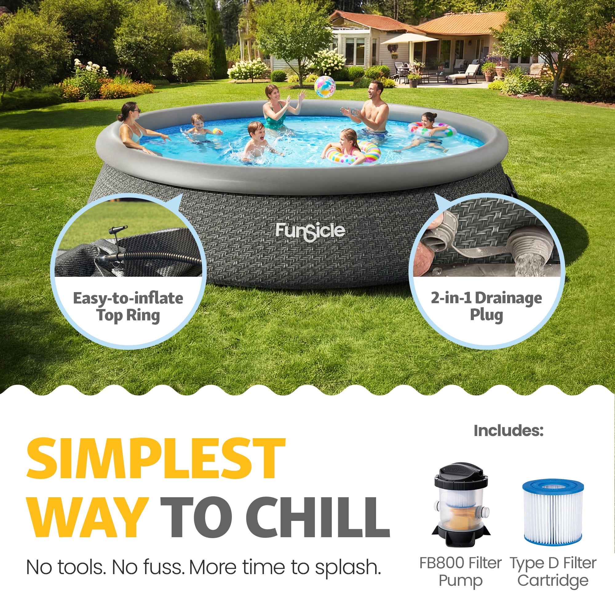 Funsicle Quickset 14’ x 36” Round Inflatable Top Ring Above Ground Swimming Pool Set