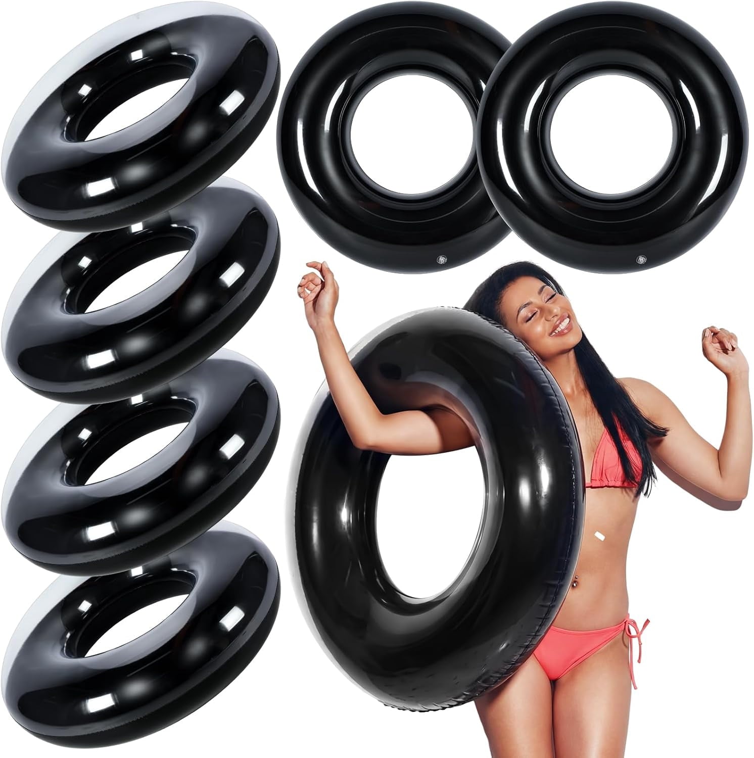 6 Pcs Inflatable Pool Floats 35 Inches Swim Tube Bulk for Adults Swimming Ring Pool Floaties for Beach Party Decorations Women and Men River Lake Summer Vacation Holiday (Black)