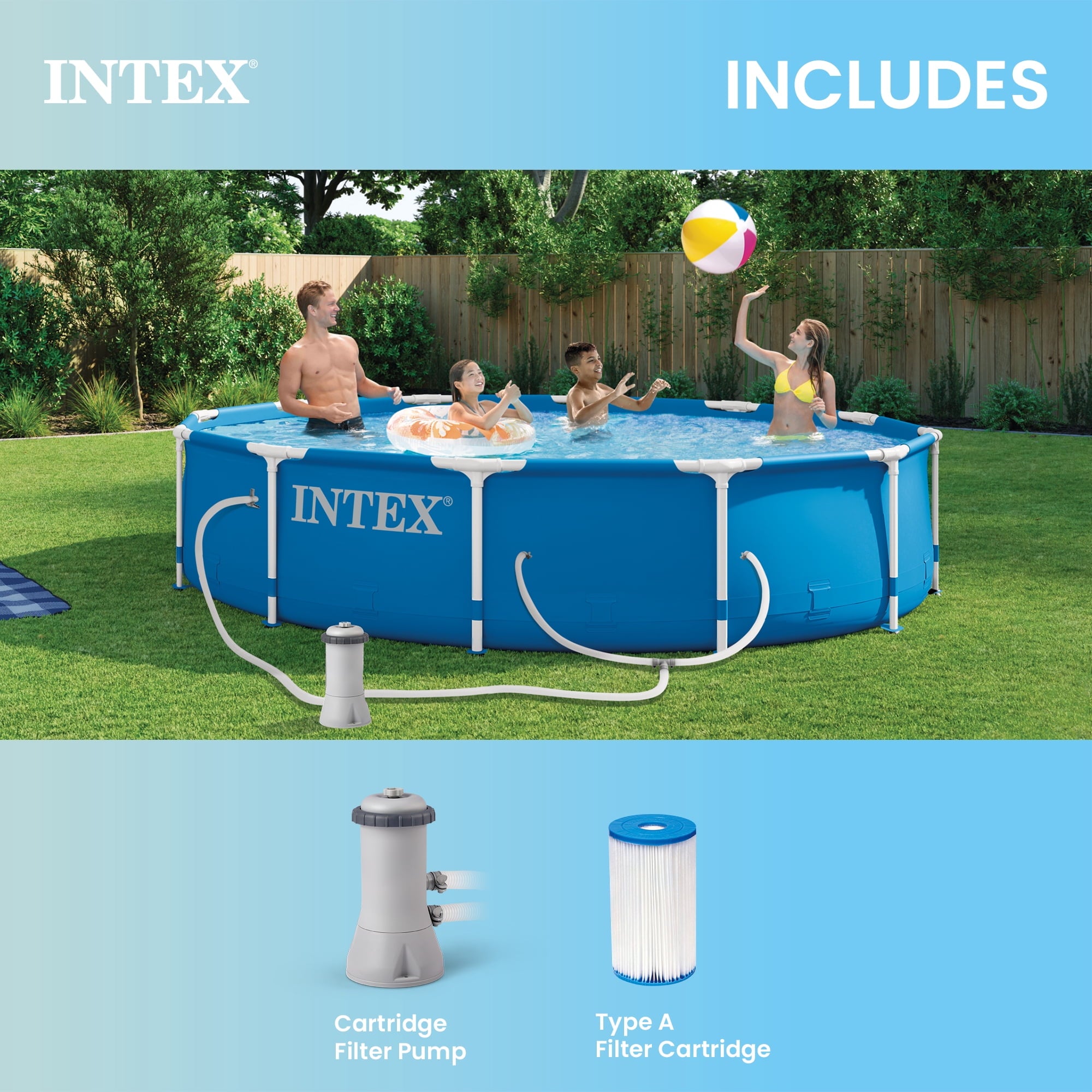 INTEX Metal Frame 12’ x 30” Above Ground Swimming Pool with Filter Pump