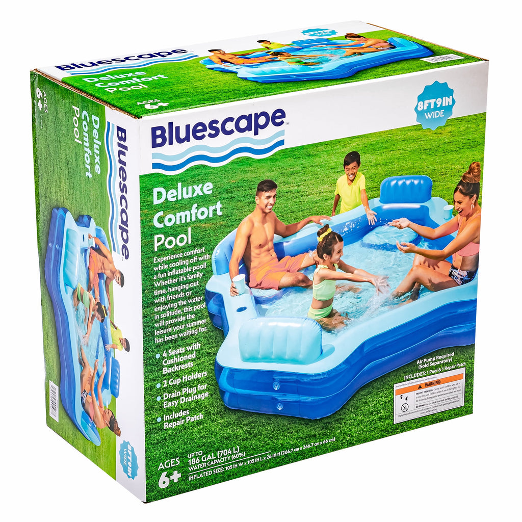 Bluescape Blue Deluxe Comfort Inflatable Family Swimming Pool, 4 Seats, Square, Age 6 & up