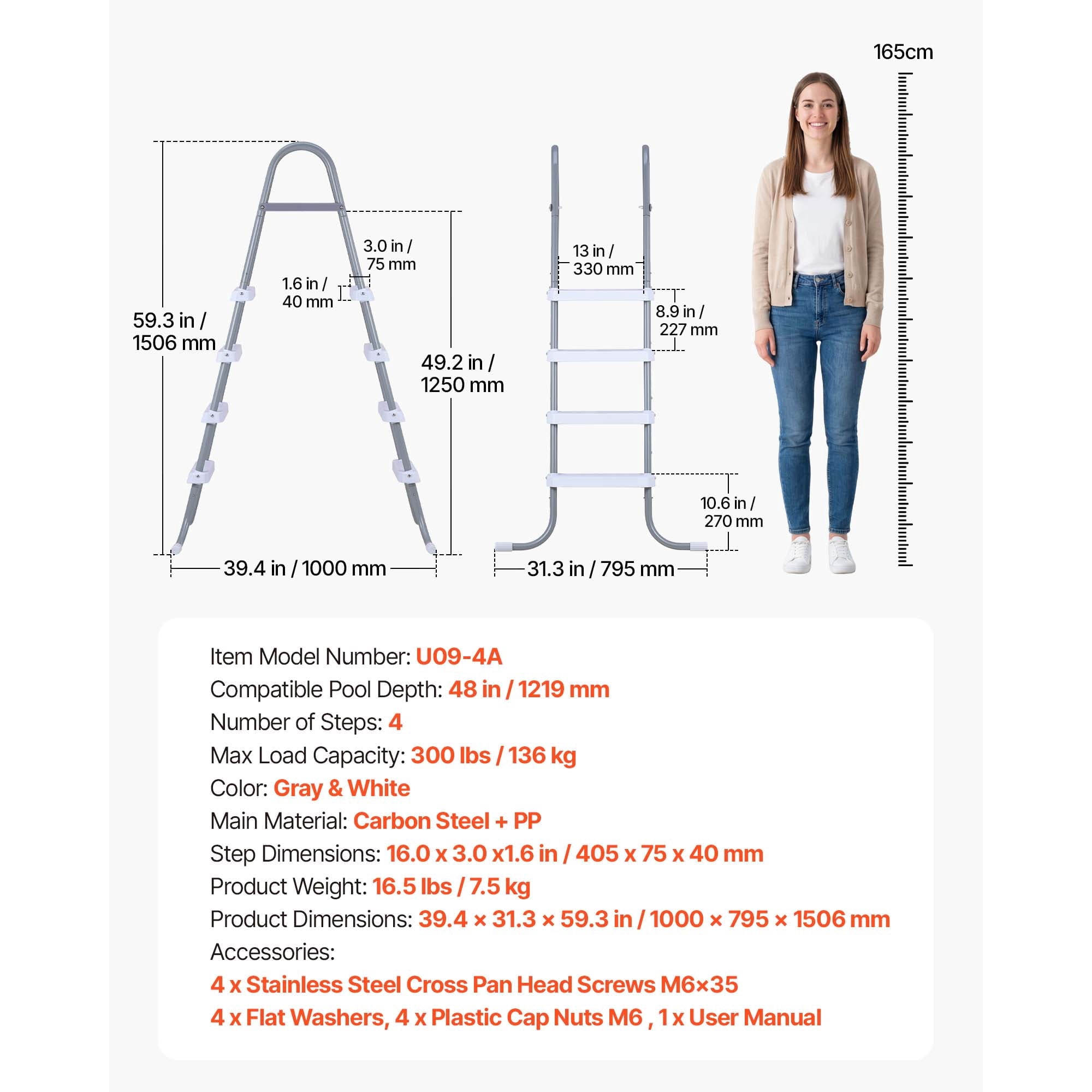 KFFKFF 4-Step Steel A-Frame Pool Ladder for Above-Ground Pools, Designed for 48-Inch Walls, 300 lbs Weight Capacity, Non-Slip Wide Steps, Easy Assembly, Gray and White