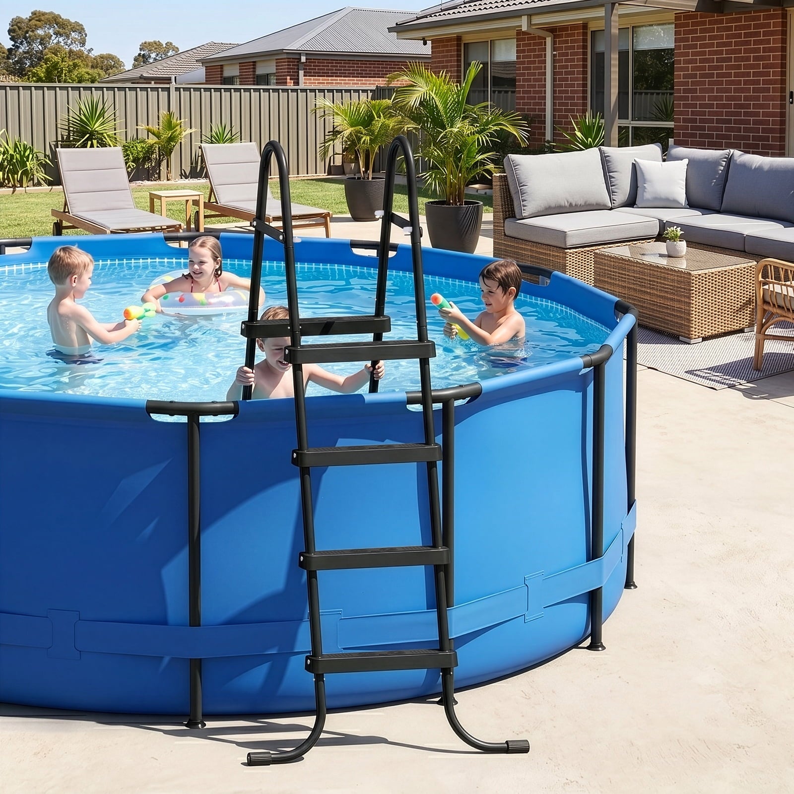 Ktaxon 52 4Step Steel Frame Above Ground Swimming Pool Ladder,Heavy Duty Double Sided Removable Pool Steps with Ladder Escape