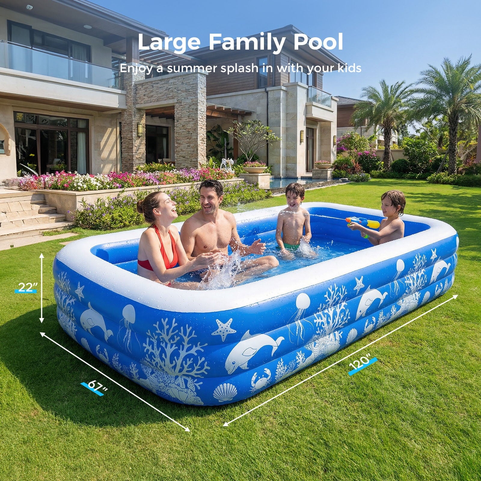 Inflatable Pool, 120 X 67 X 22 Family Swimming Pool, Oversized Thickened Kiddie Pool for Outdoor, Garden, Backyard, Blue