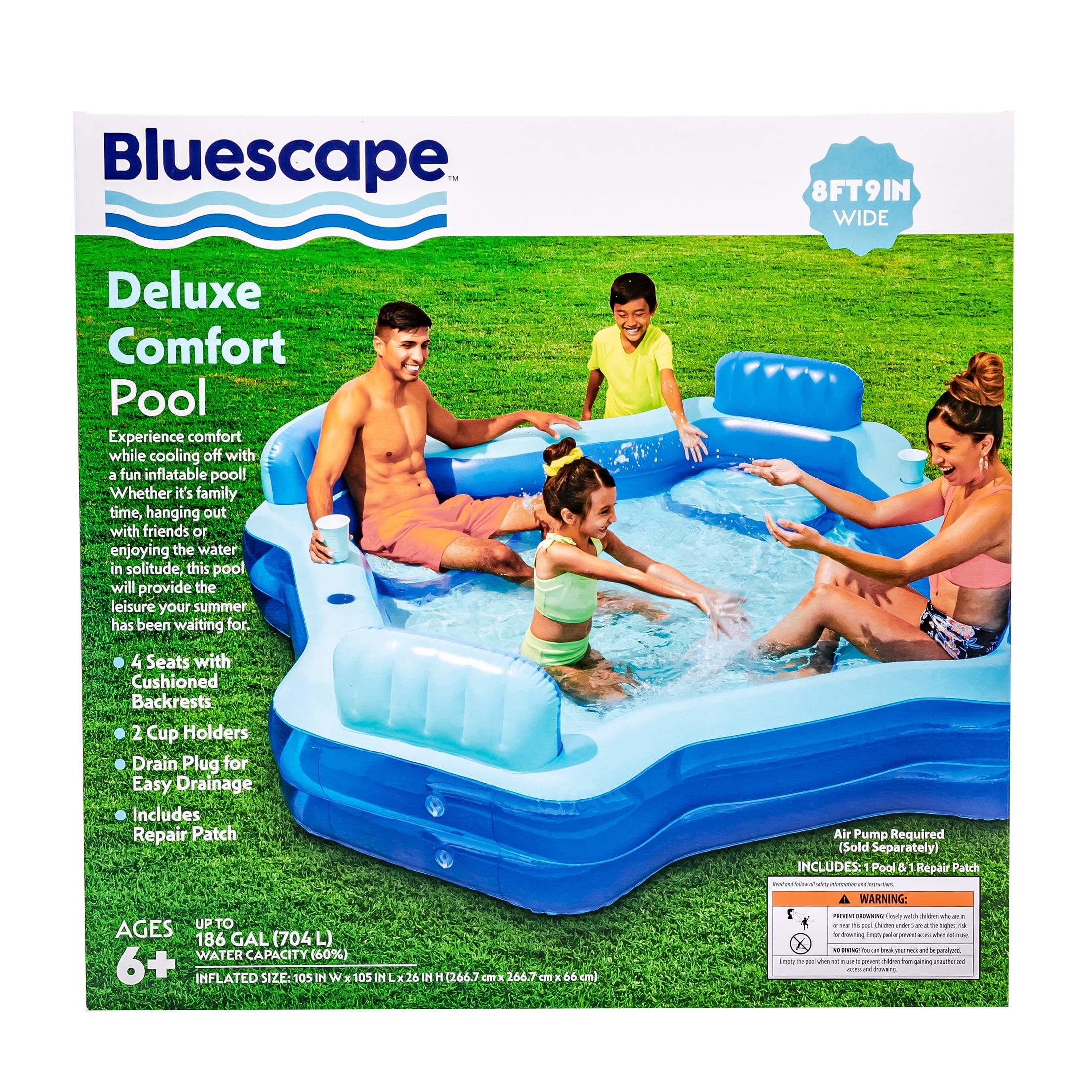 Bluescape Blue Deluxe Comfort Inflatable Family Swimming Pool, 4 Seats, Square, Age 6 & up