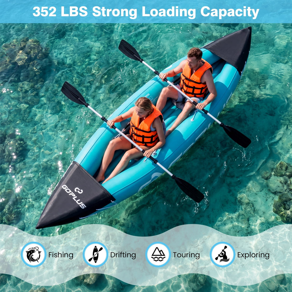 Goplus Inflatable Kayak 2 Person, Heavy Duty Tandem Touring Kayak with Aluminum Paddles Green + Black