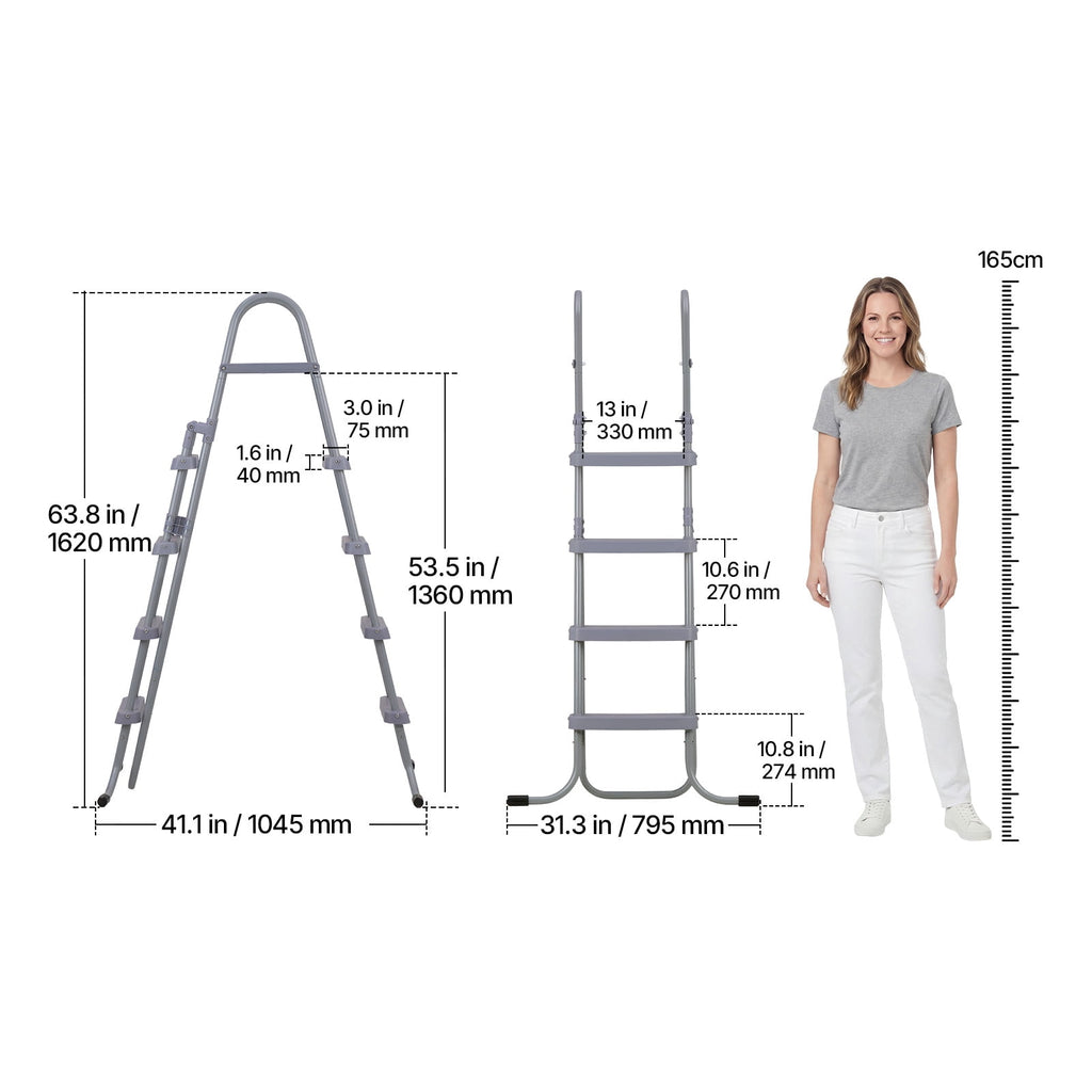KFFKFF 4-Step Steel A-Frame Pool Ladder for Above-Ground Pools, Designed for 48-Inch Walls, 300 lbs Weight Capacity, Non-Slip Wide Steps, Easy Assembly, Gray and White