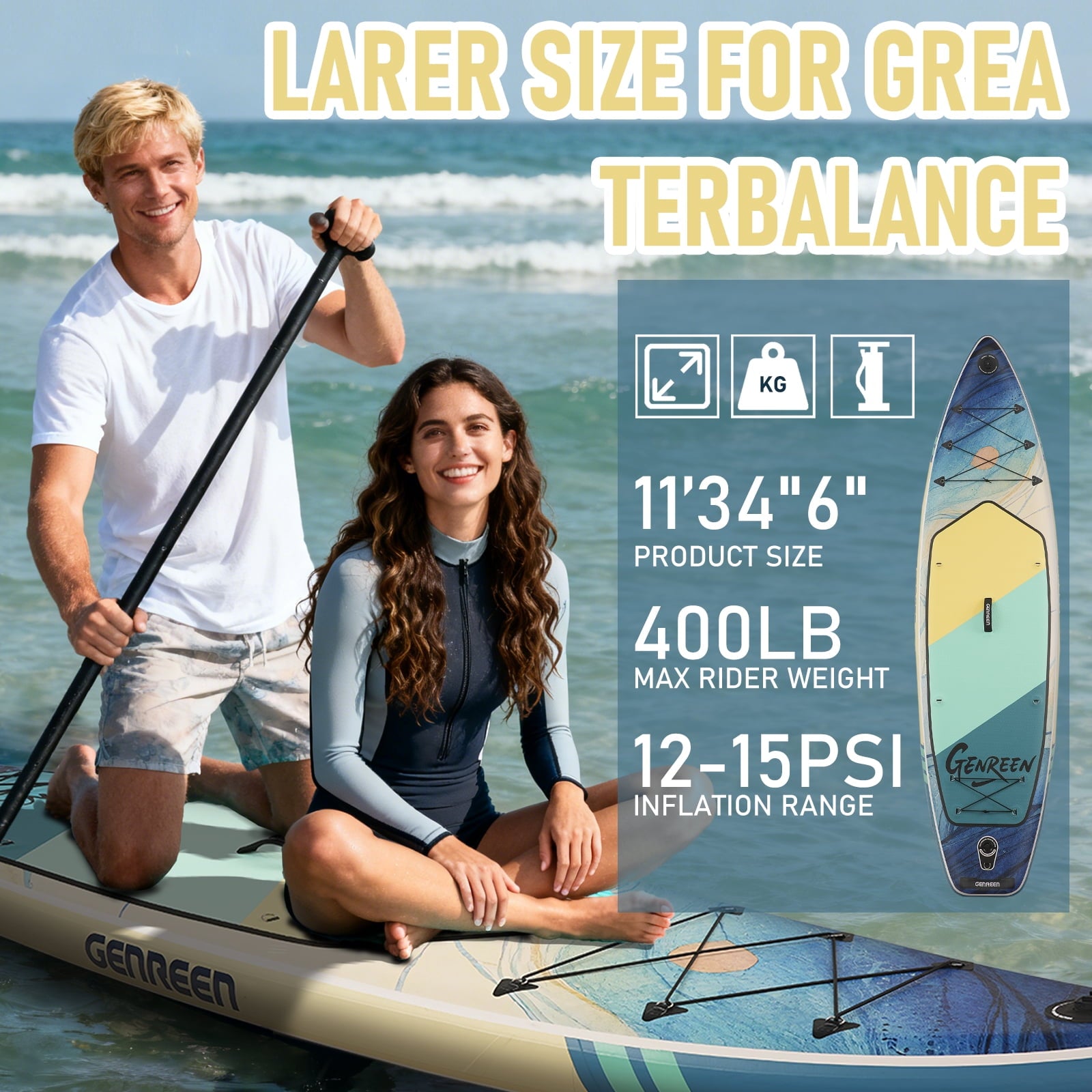 Genreen 11FT Inflatable Stand Up Paddle Board，Wide Sup with Premium Accessories, Fishing Blow Up Paddleboard for Youth & Adults
