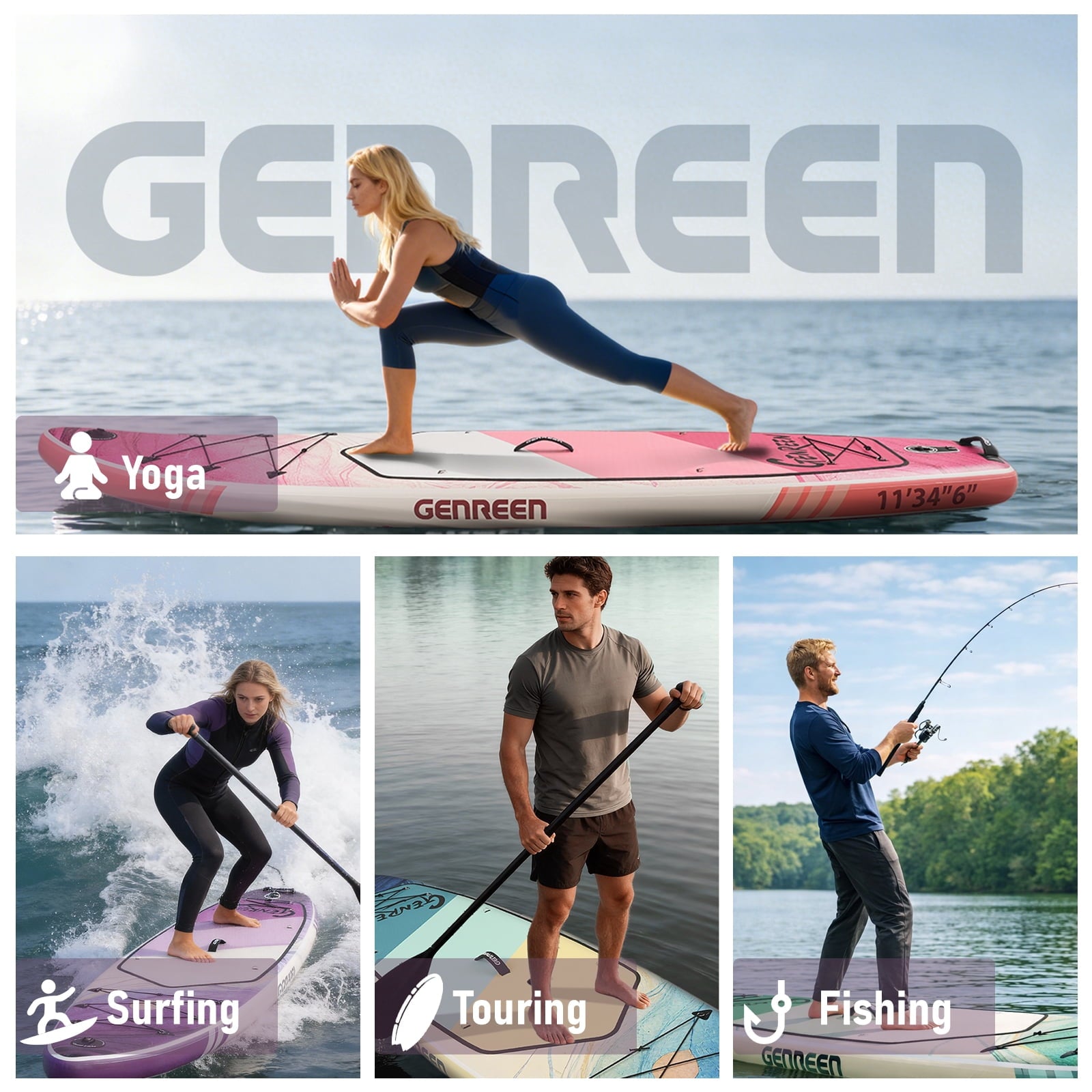 Genreen 11FT Inflatable Stand Up Paddle Board，Wide Sup with Premium Accessories, Fishing Blow Up Paddleboard for Youth & Adults