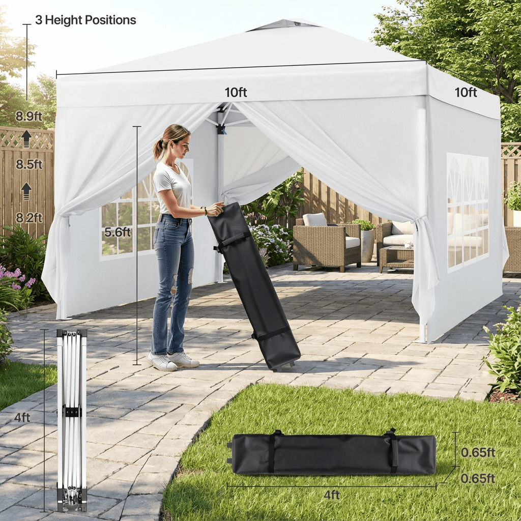10x10 Pop-Up Canopy Tent with Removable Walls, 3 Height Adjustable Easy Set up Portable Gazebo, For Camping, White