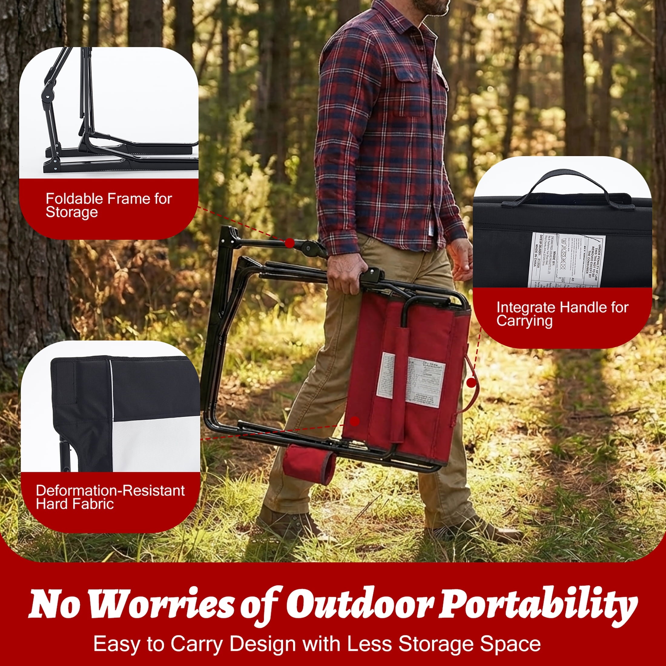 EDX Folding Camping Chair, Padded High Back, Adjustable Lumbar Support, Extra Wide for Adults, 500 lbs Steel Frame, Portable Outdoor,Black