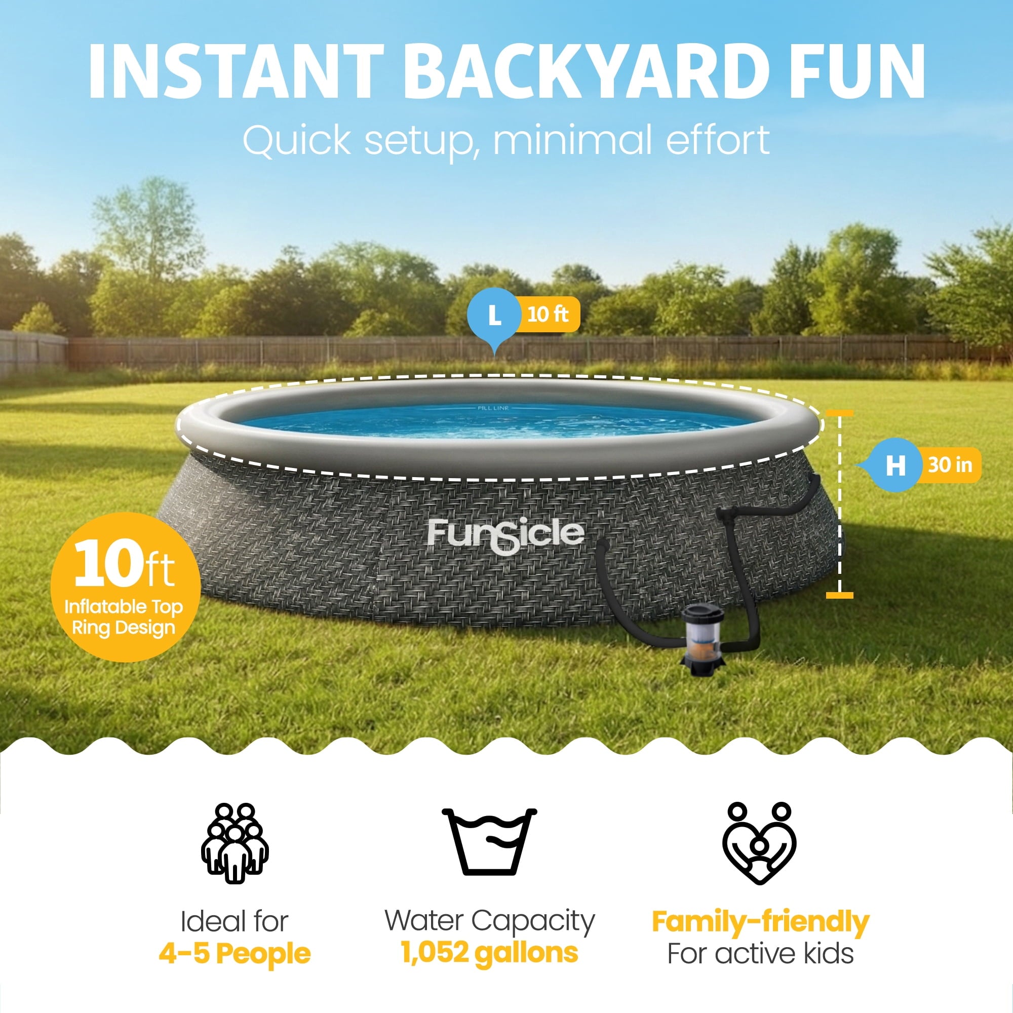 Funsicle Quickset 14’ x 36” Round Inflatable Top Ring Above Ground Swimming Pool Set