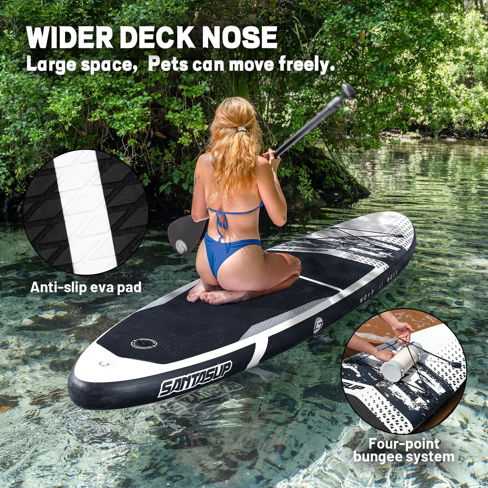 Santasup Inflatable Paddle Board, 10'6 Black Stand Up SUP Boards for Adults & Youths of All Skill Levels, Wide & Non-Slip Deck Design Blow Up Paddleboards with Premium Accessories & Waterproof Bag