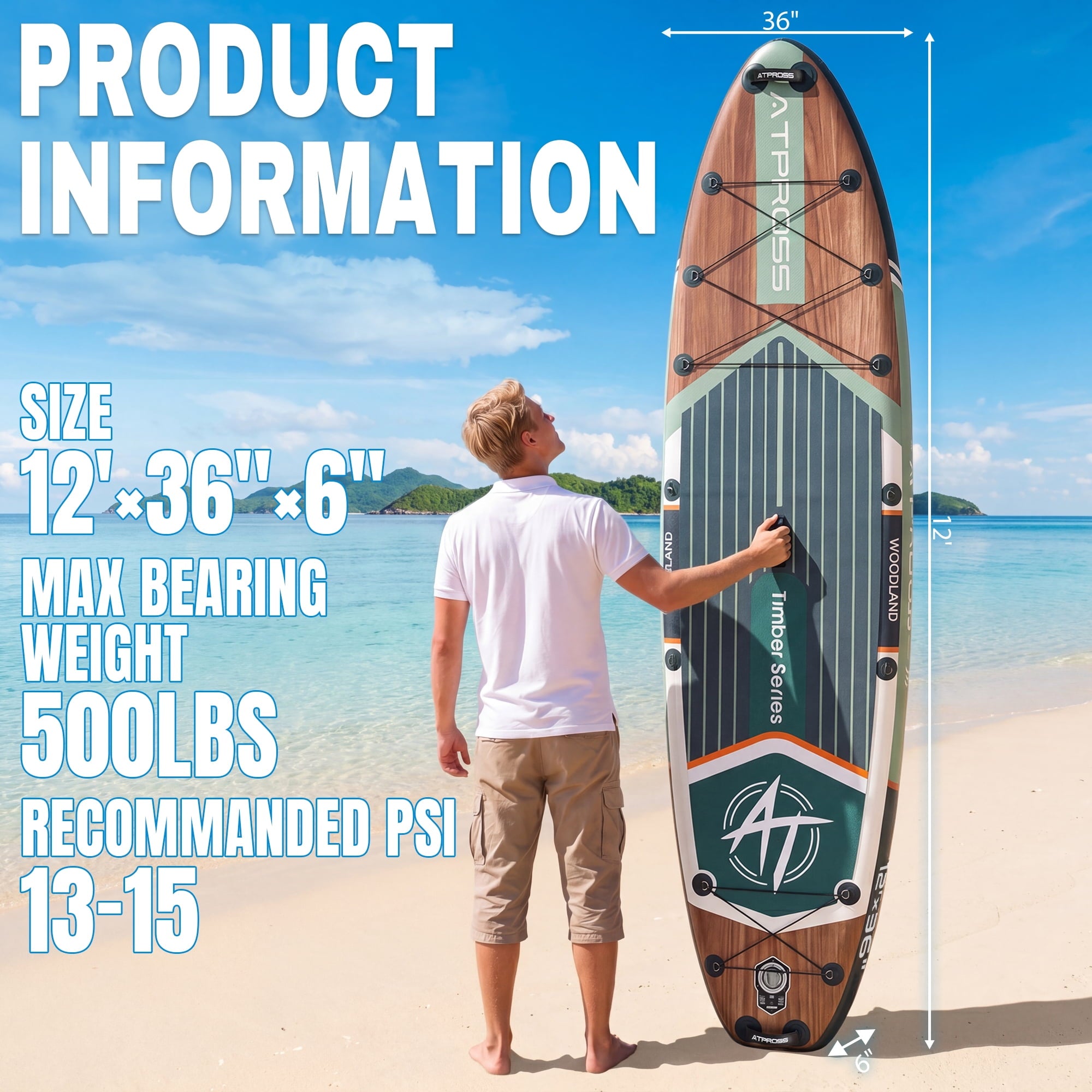Ultifit Inflatable Paddle Board Extra Wide 500 Lbs Capacity Anti-Slip Design with SUP Accessories and Seat 12' x 36