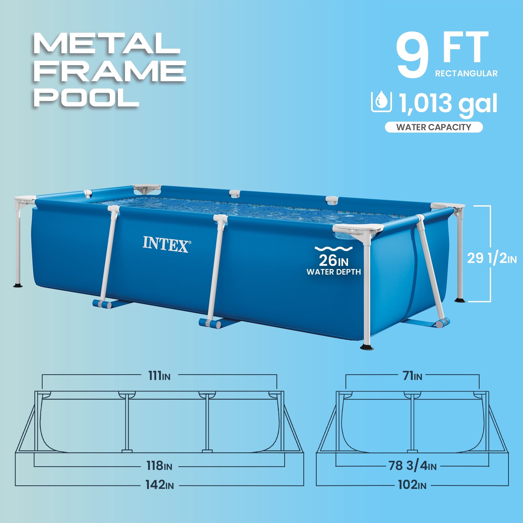 INTEX Rectangular Frame 9ft 10in x 29.5 Above Ground Swimming Pool with Flow Control Valve