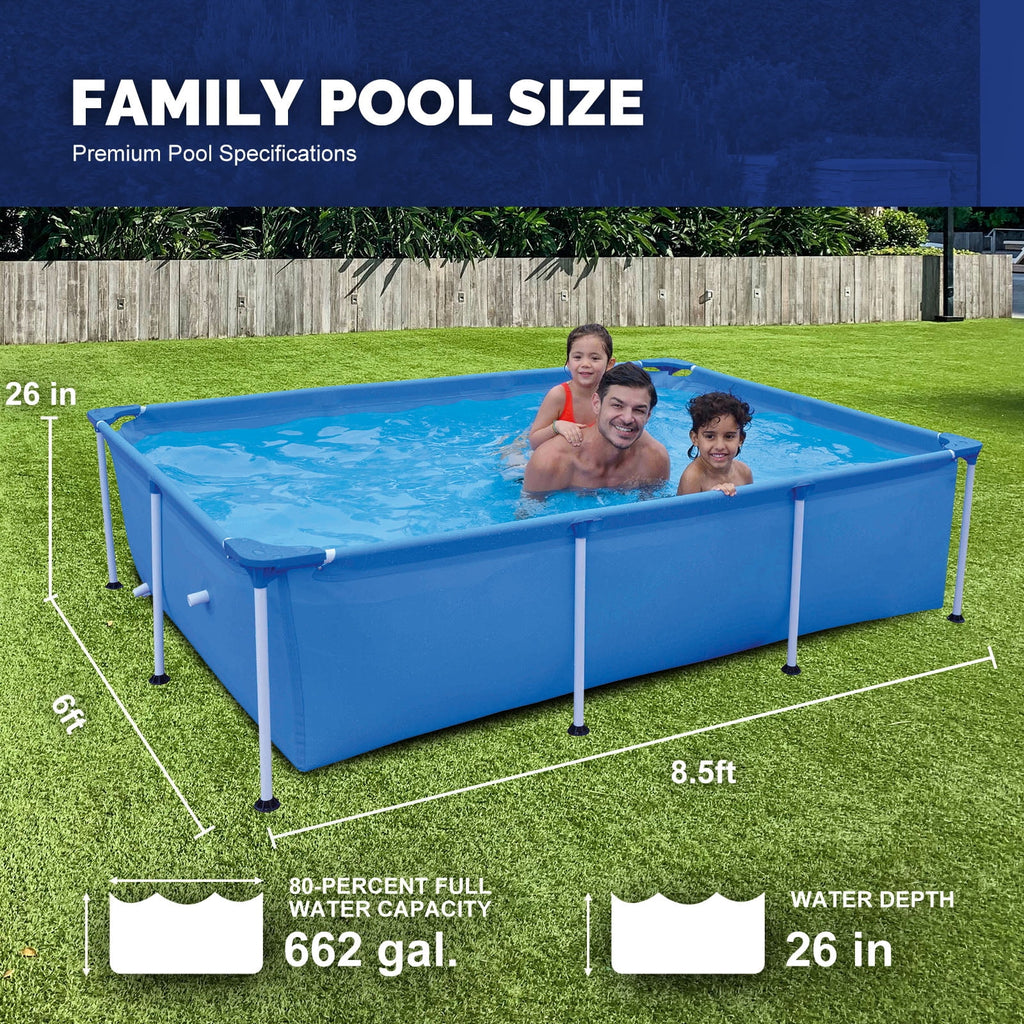 Honeydrill 6.2ft x 4.2ft x 16.5in Rectangular Metal Frame Above Ground Swimming Pool for Family, Blue