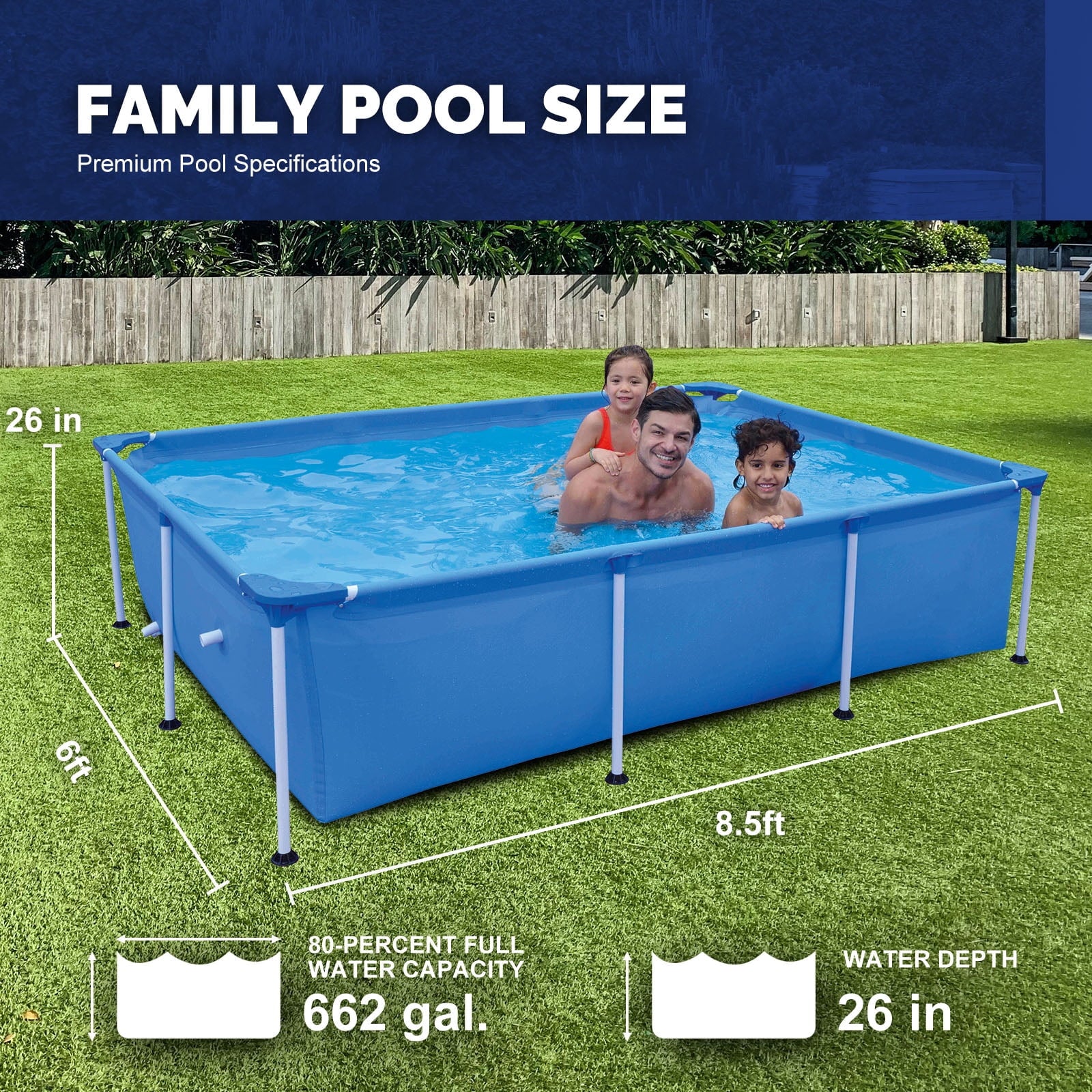 Honeydrill 6.2ft x 4.2ft x 16.5in Rectangular Metal Frame Above Ground Swimming Pool for Family, Blue
