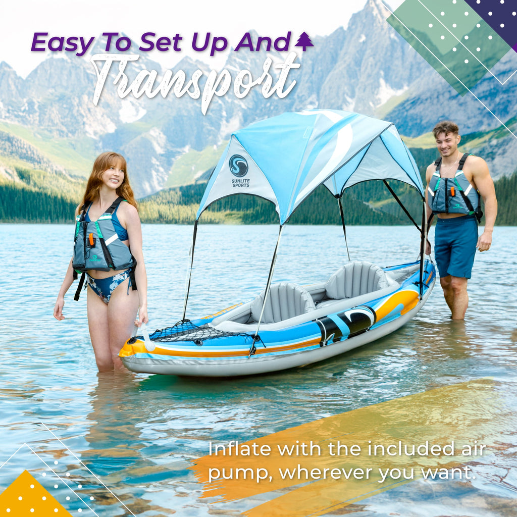 Sunlite Sports Tandem Inflatable Kayak with Canopy and Pump for Lakes & Rivers