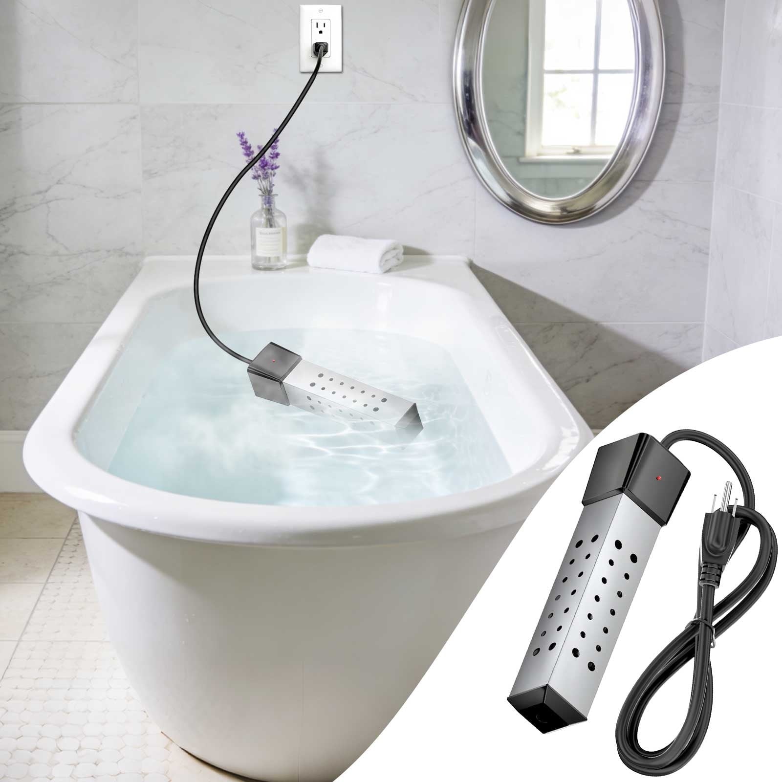 Fast Heating Immersion Water Heater Rod - Portable Electric Heater for Swimming Pool Bathtub & Bucket, High Efficiency Water Boiler, Heating Rod for Home Outdoor Water Heating Needs, 14in, Silver