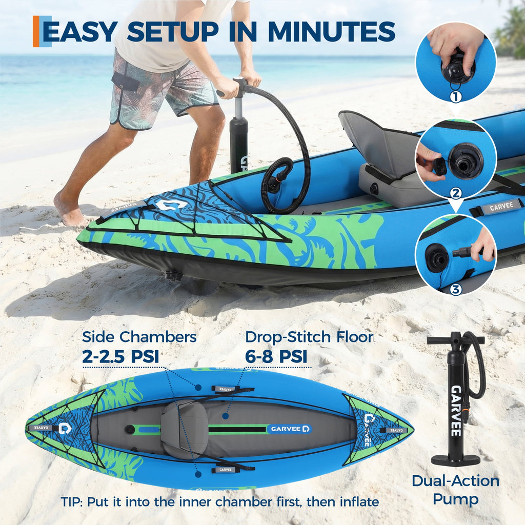 Garvee Inflatable Kayak Set for 1 Person, 118 x 36 x 16, Blue