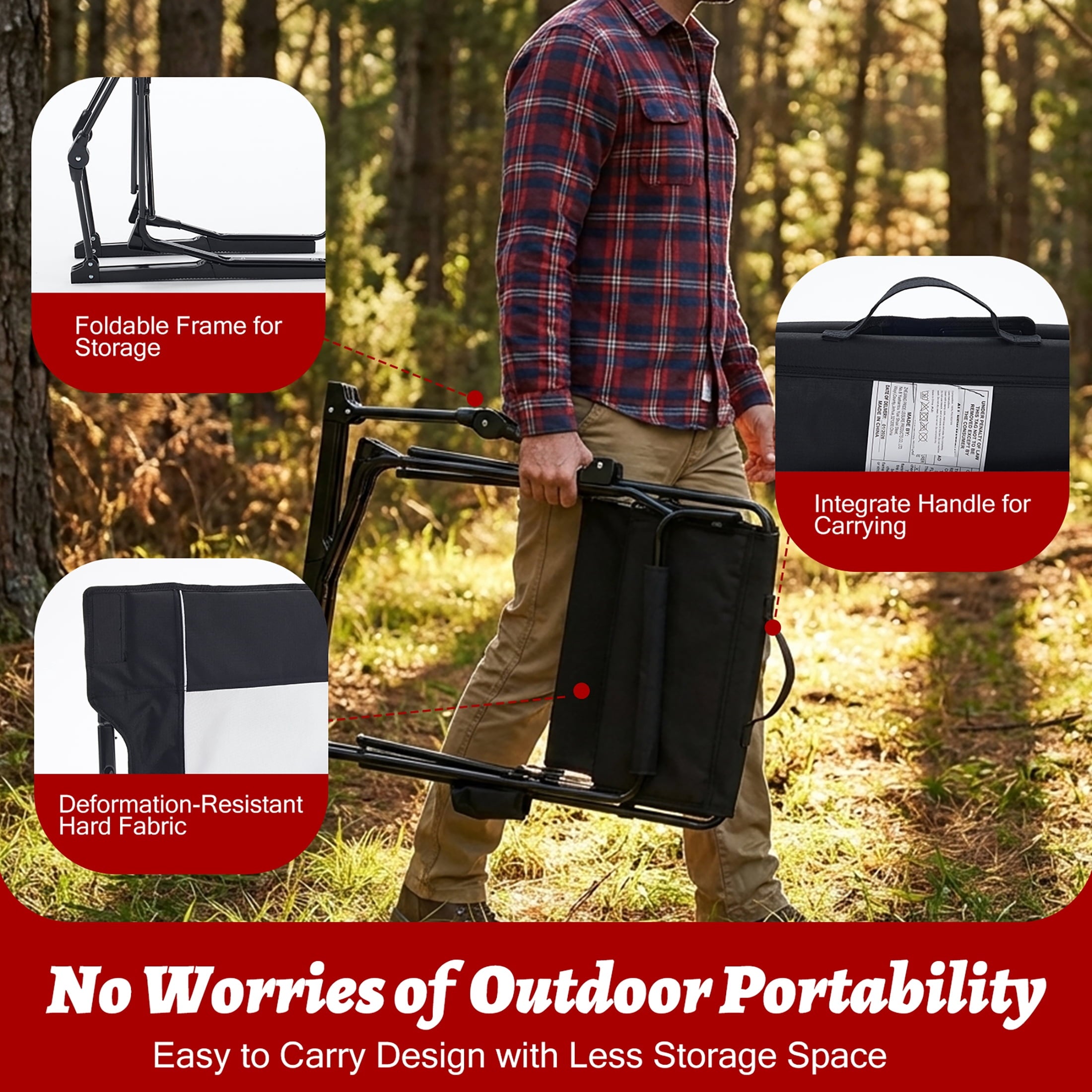 EDX Folding Camping Chair, Padded High Back, Adjustable Lumbar Support, Extra Wide for Adults, 500 lbs Steel Frame, Portable Outdoor,Black