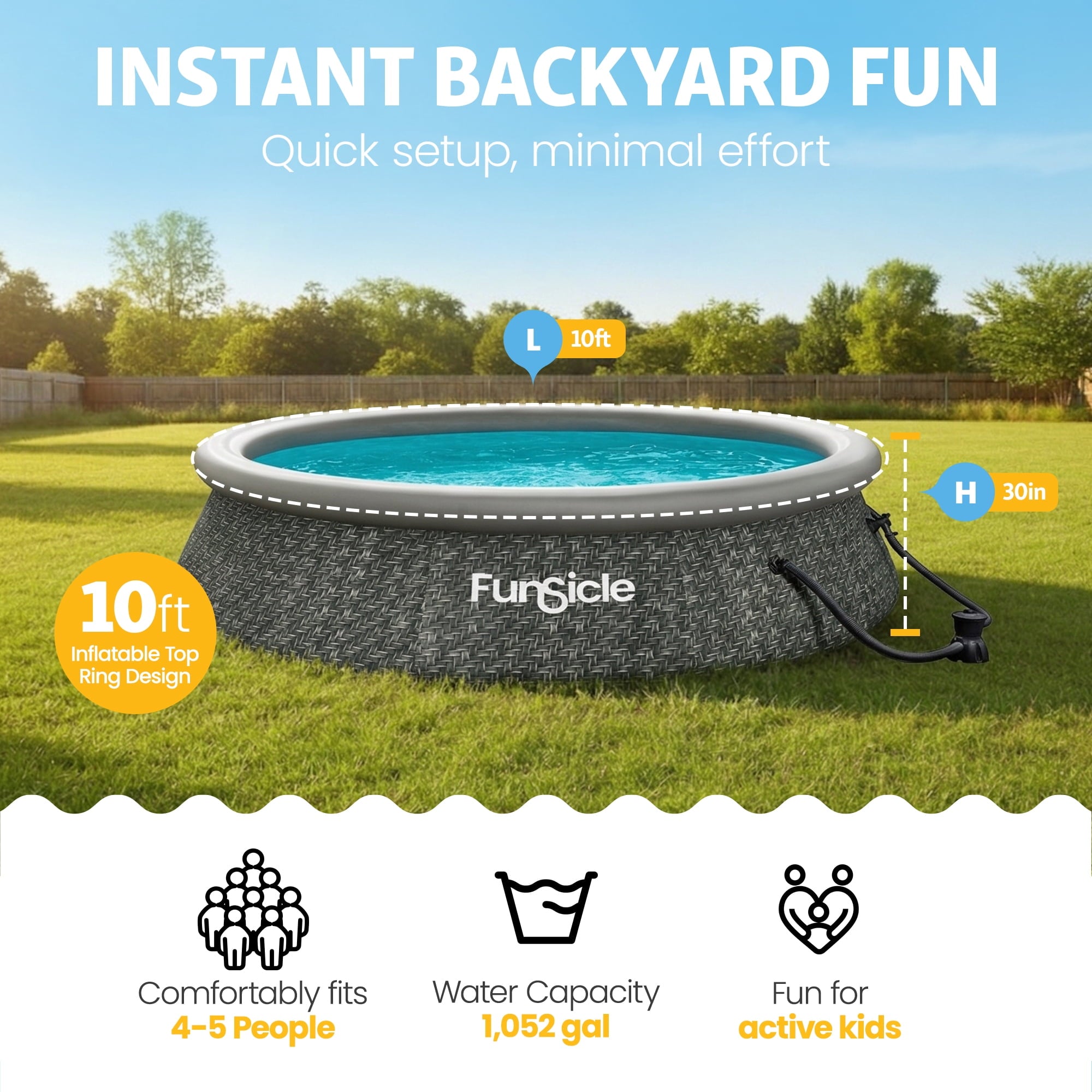 Funsicle Quickset 14’ x 36” Round Inflatable Top Ring Above Ground Swimming Pool Set