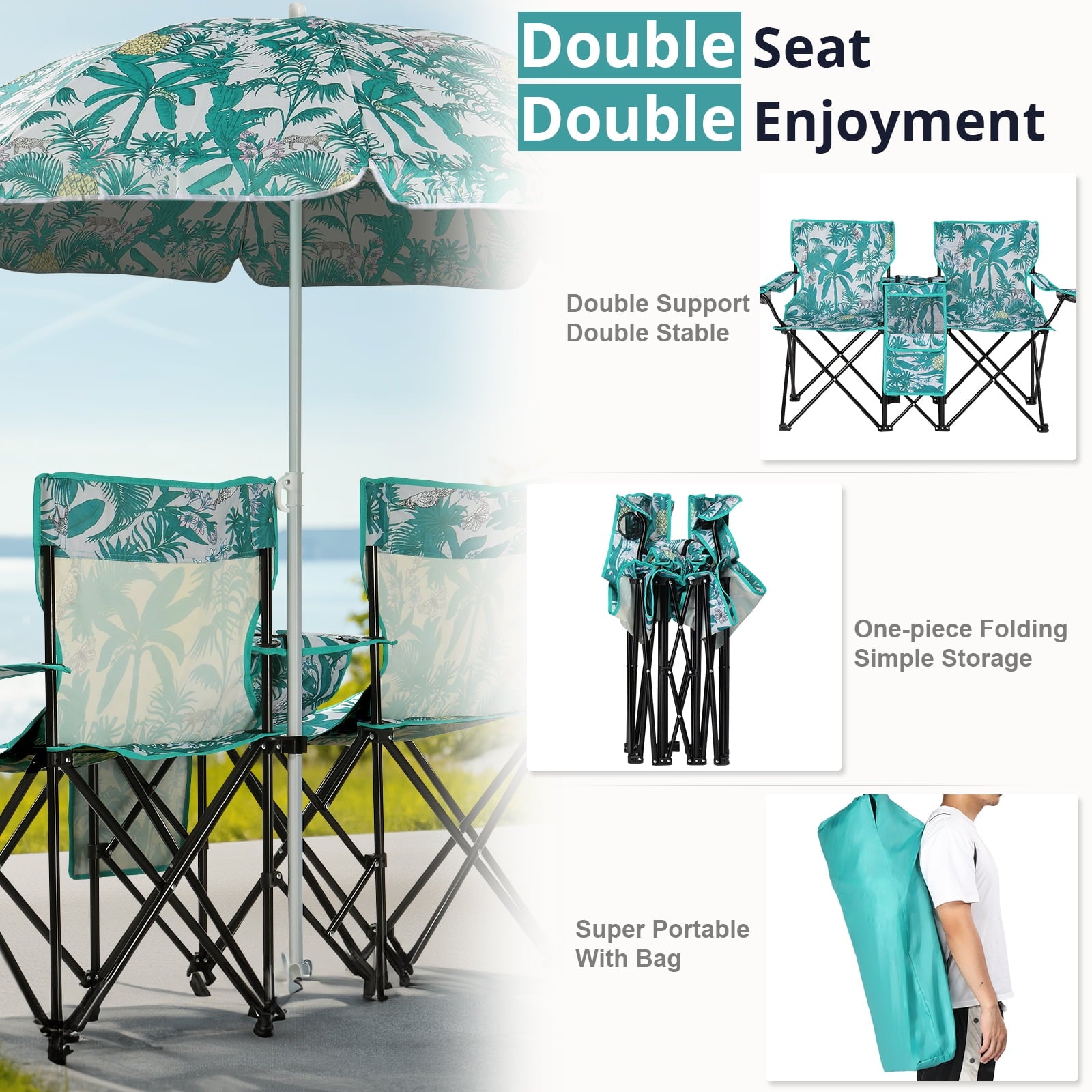 Ktaxon Camping Loveseat Chair, Folding Double Outdoor Chair with Removable Sun Umbrella & Carrying Bag, Double Chairs with Cooler Bag for Lawn Fishing Outdoor, Gray