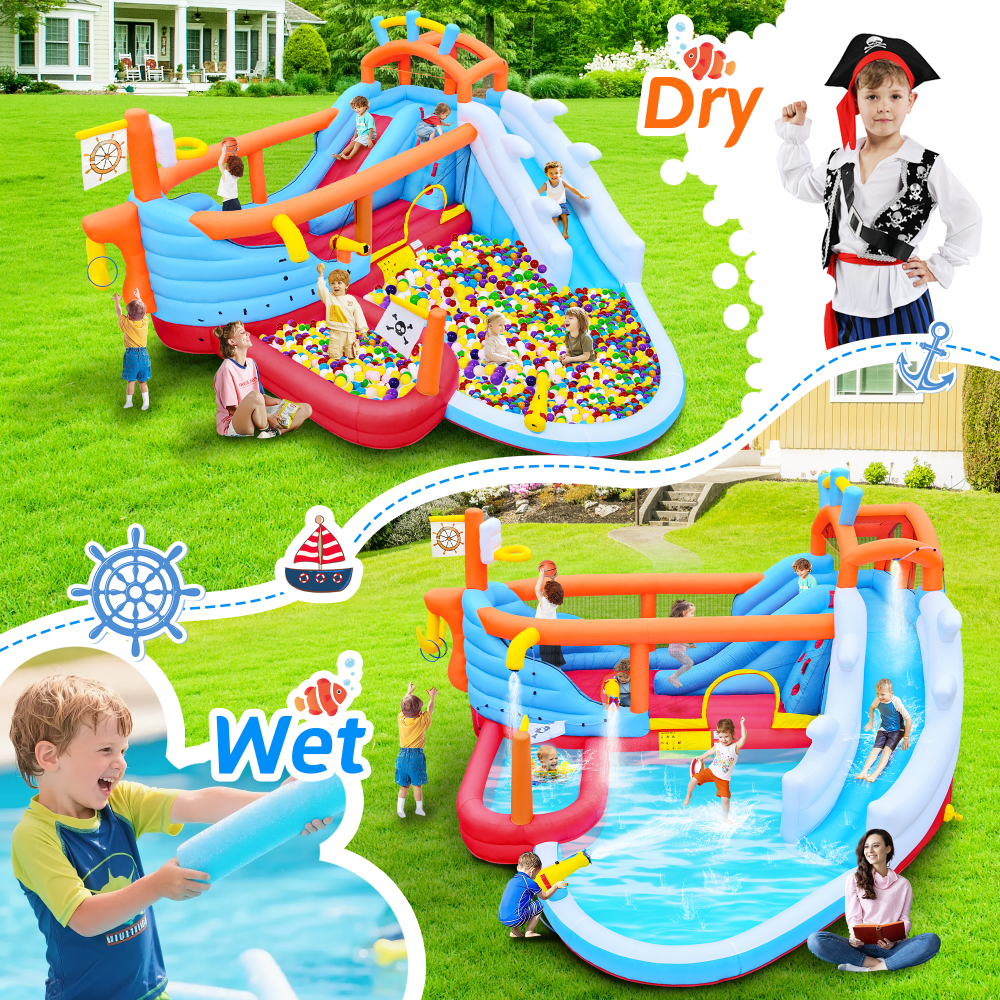 9 in1 Inflatable Slide Water Park Jump Area Dual Slides Climbing Wall  Anchor Ring Toss Basketball Hoop Dual Water Guns Shallow and Bathing Pools