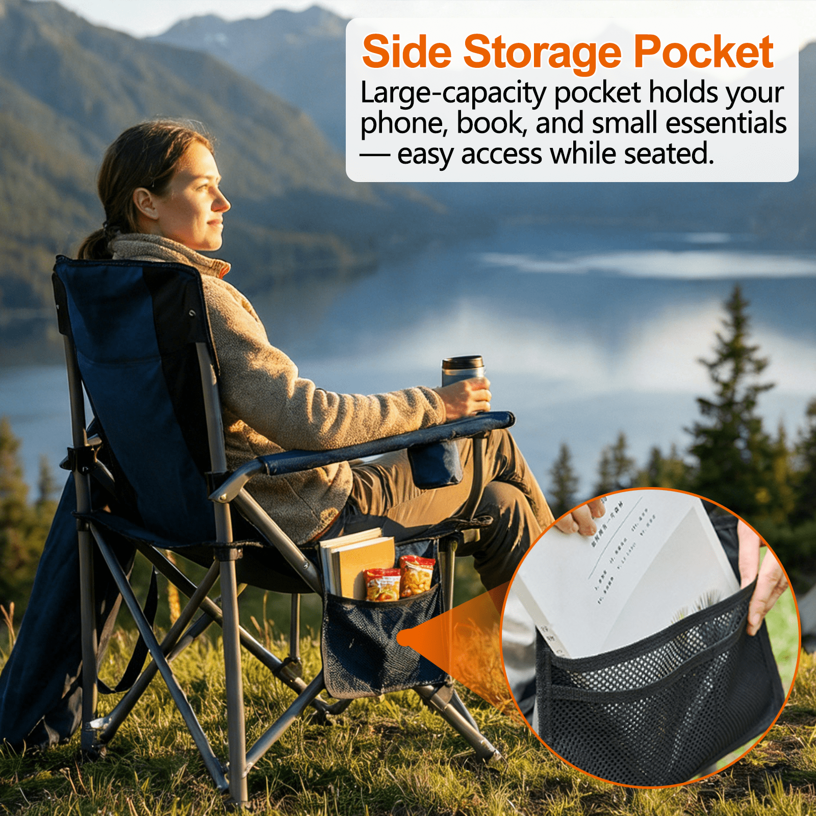 Camping Chairs for Adults, Portable Folding Lawn Chairs with Side Pockets & Cup Holder for Outside, Fishing, Camp & Garden