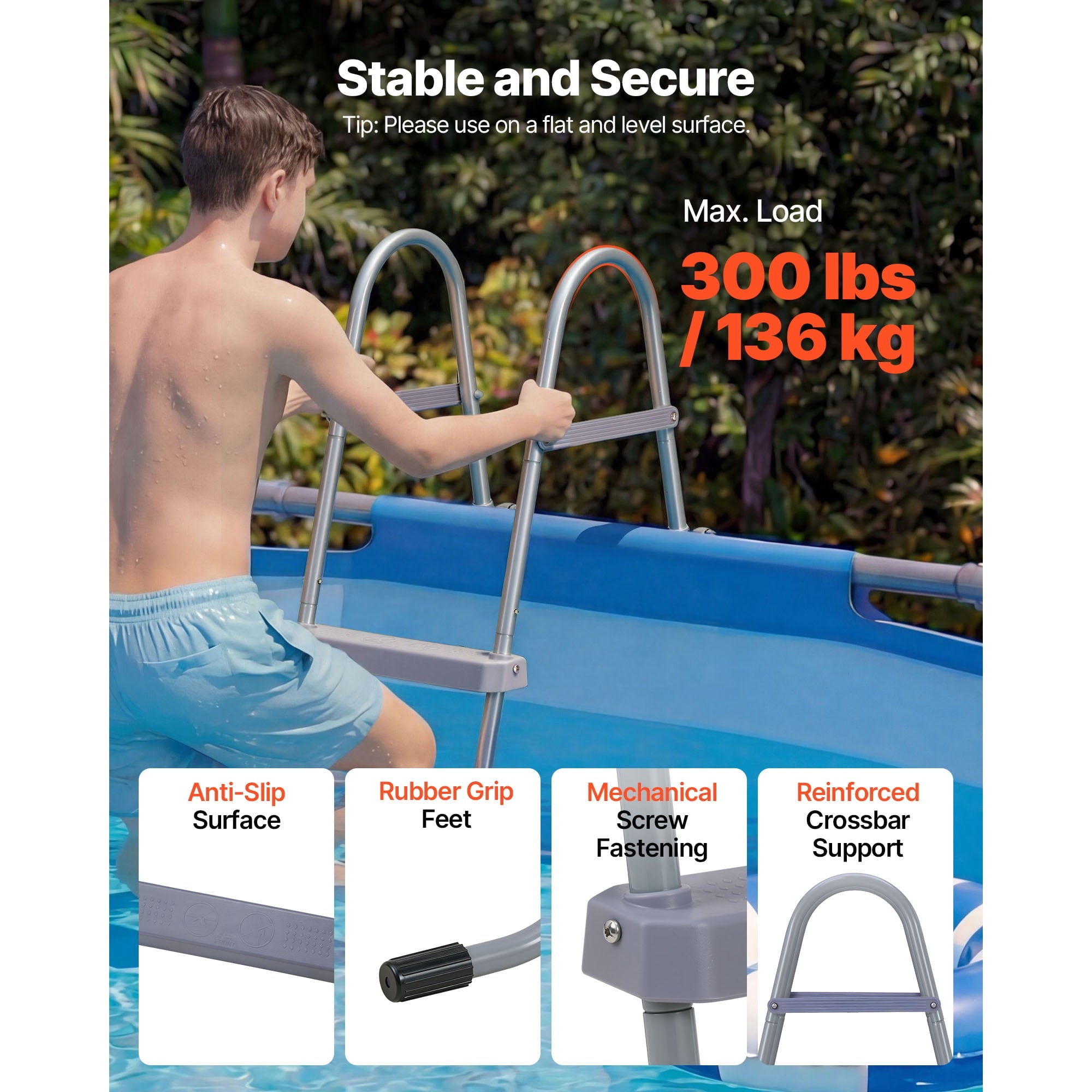 KFFKFF 4-Step Steel A-Frame Pool Ladder for Above-Ground Pools, Designed for 48-Inch Walls, 300 lbs Weight Capacity, Non-Slip Wide Steps, Easy Assembly, Gray and White